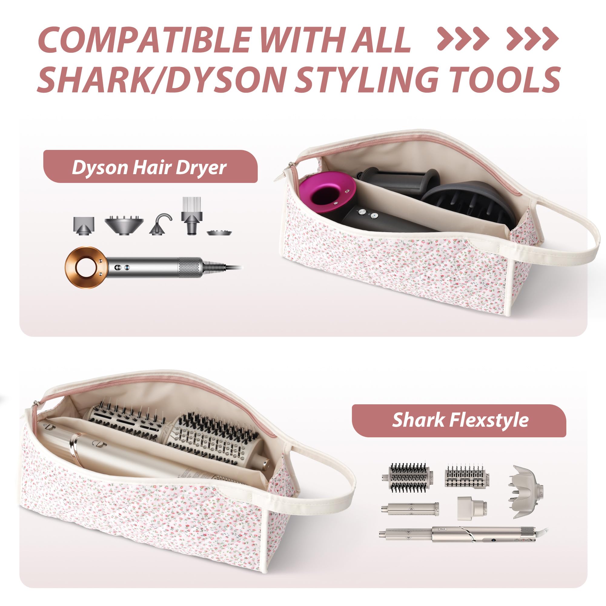 Bolsa de Almacenamiento para Secador de Pelo, Compatible con Airwrap Styler y Supersonic, Funda de Viaje para Shark Flexstyle y Accesorios, Estuche de Transporte para Rizador (Flor Rosa)