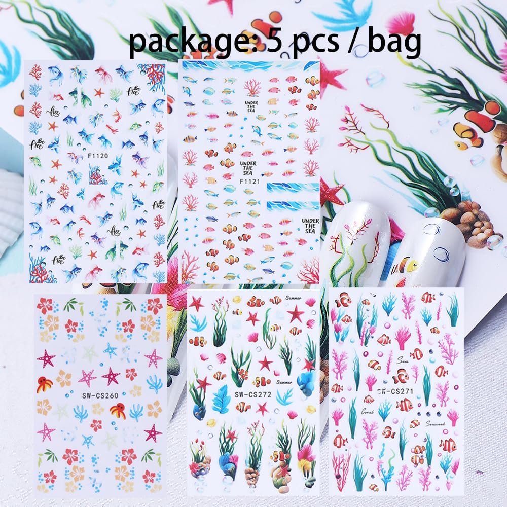 5 Pcs Ocean Sea Nail Stickers for Nail Art, 3D Self-Adhesive Starfish Fish Coral Nail Decals, Summer Nail Supplies Nail Art Design Accessories for Women and Girls Manicure DIY Decoration - Image 6