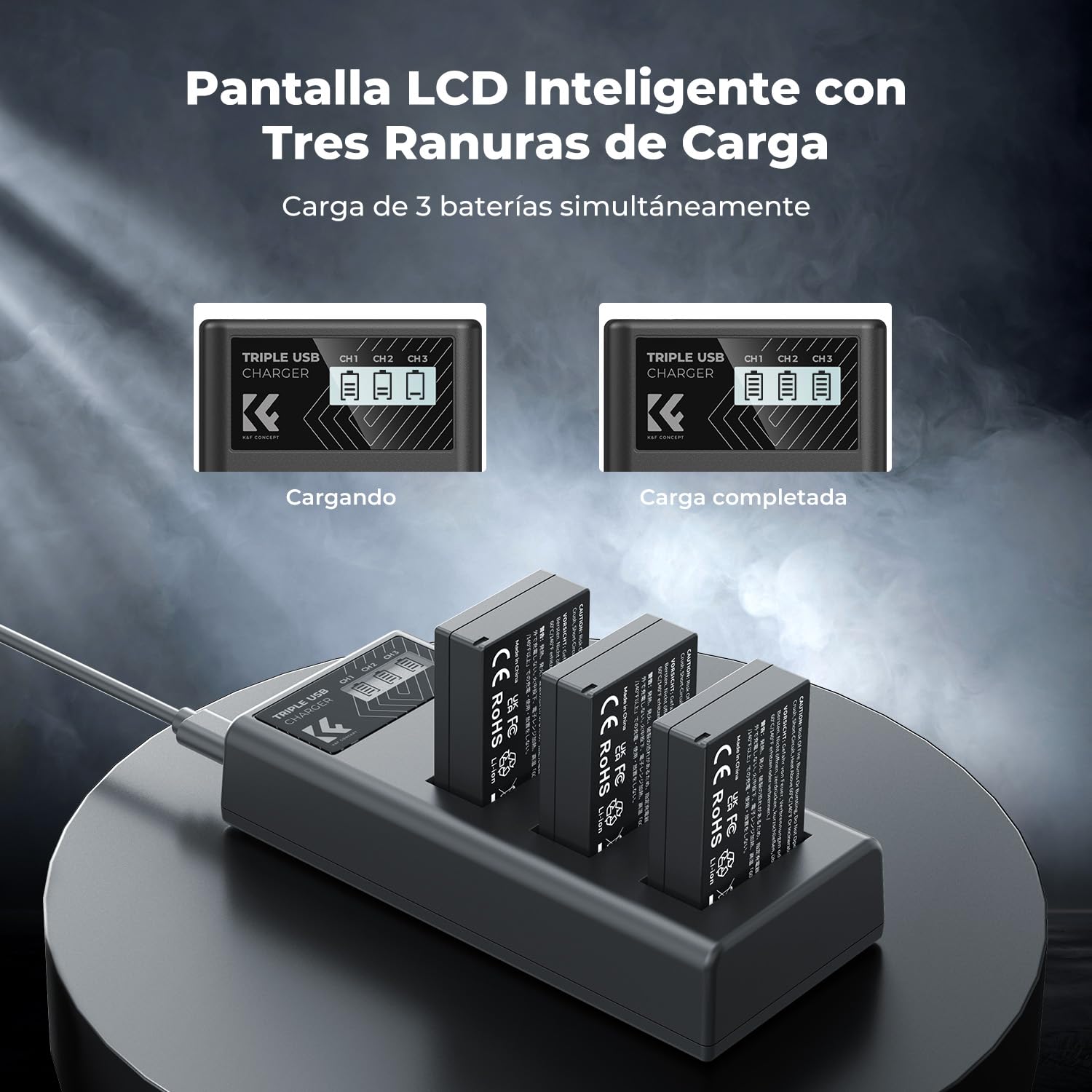 K&F CONCEPT 3-Pack LP-E12 Batería 1100mAh y Cargador LCD de 3 Ranuras Compatible con Cámaras Canon EOS M, M2, M10, M50, M50 Mark II, M100, M200, PowerShot SX70 HS, Rebel SL1