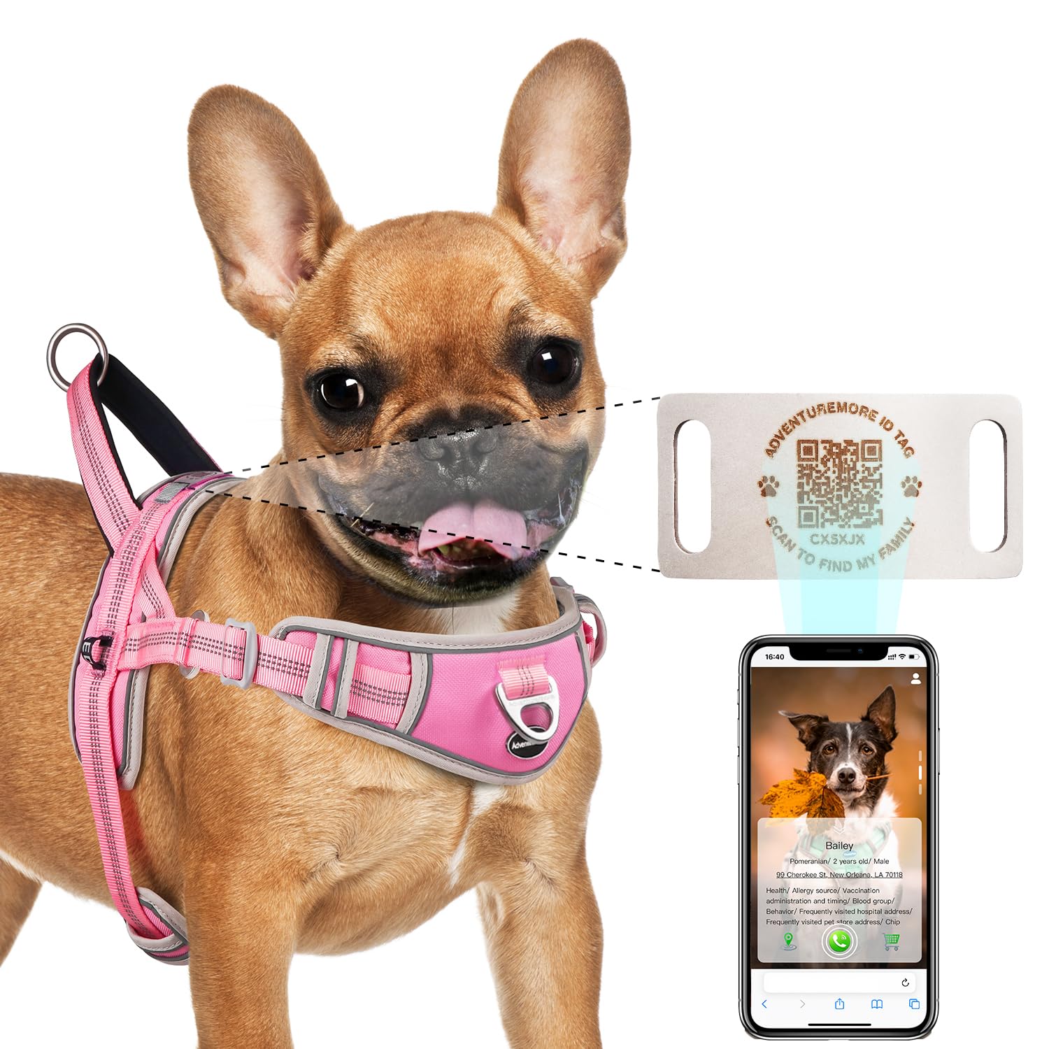 ADVENTUREMORE Dog Harness Small Dog No Pull with QR Code Dog Tag, Adjustable Reflective Dog Vest Escape Proof Dog Harness Smart ID Tag with Easy Control Front Clip Handle for Walking S Pink