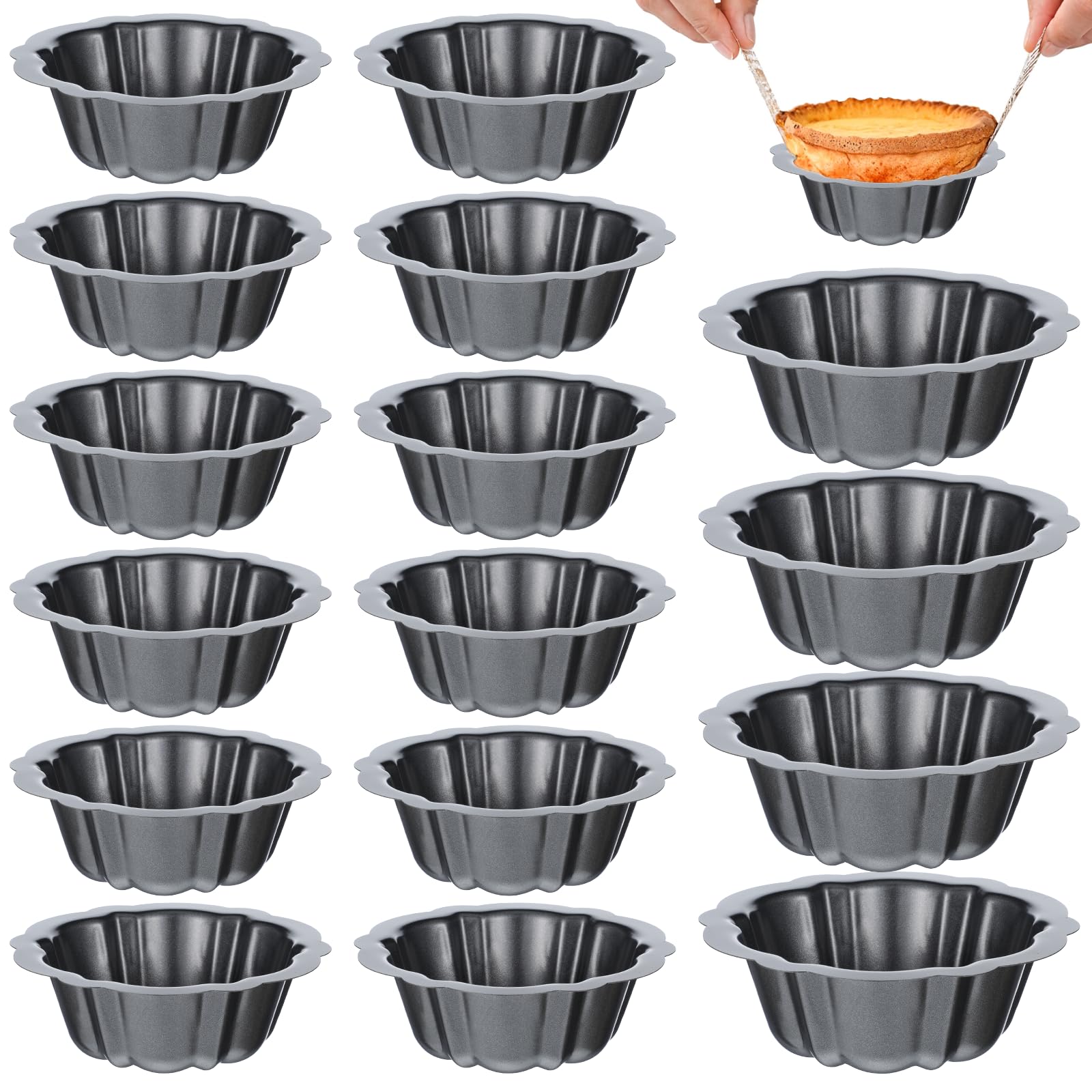 Mini-Kuchenform, geriffelt, 16 Stück, 11,4 cm, schwarz, antihaftbeschichtet, geriffelt, Karbonstahlrohr, Metallrohr, Backform mit Blumenform, für Cupcakes, Brot, Bayern, Brownie