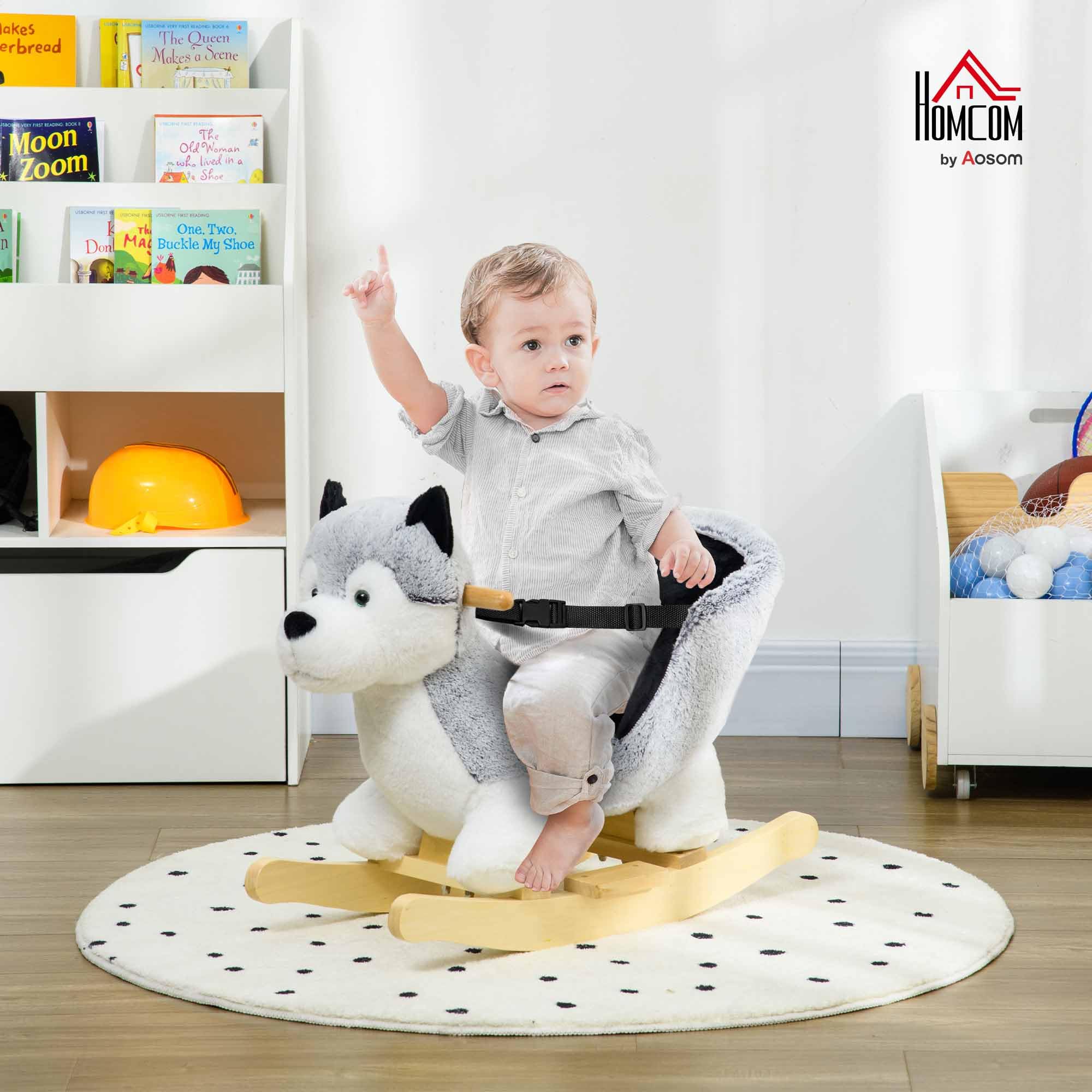 HOMCOM Cavallo a Dondolo per Bambini da 18-36 Mesi, Cavalluccio a Dondolo per Bambini Cavalcabile con Suoni Realistici, 60x33x50 cm, Grigio