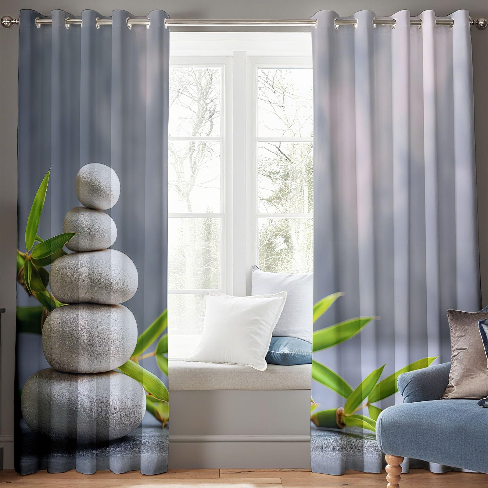 Zestaw 2 zasłon zaciemniających z oczkami 91,5 x 214 cm (szer. x wys.), proste Zen eleganckie, izolujące termicznie, odporne na zimno, jasnoszare, poliester, zestaw 2 sztuk