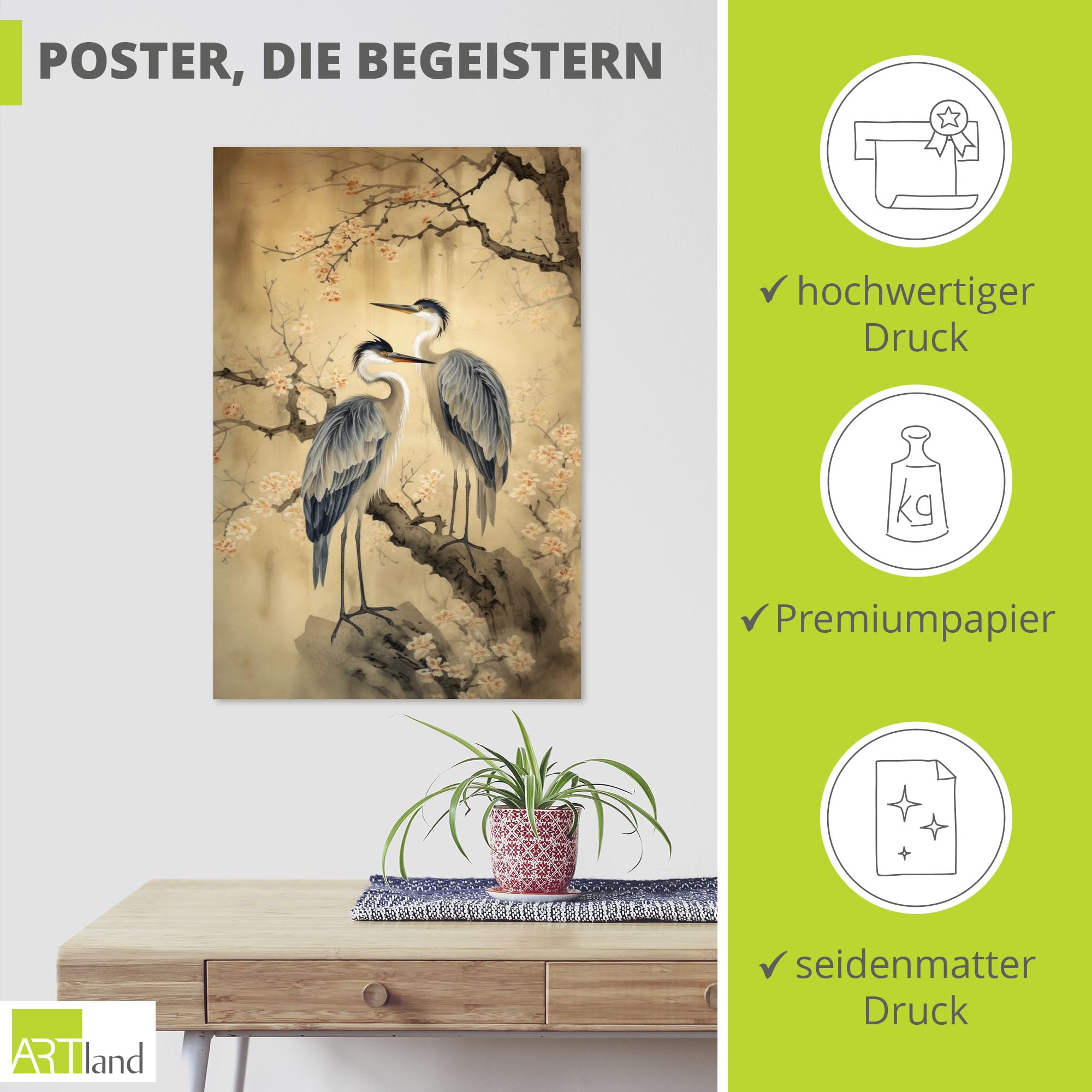 ARTLAND Wanddeko Poster & Kunstdrucke Wandposter 80x120 cm Hochformat Asiatische Deko Kraniche Bäume Blumen Kirschblüten Vintage U4WB
