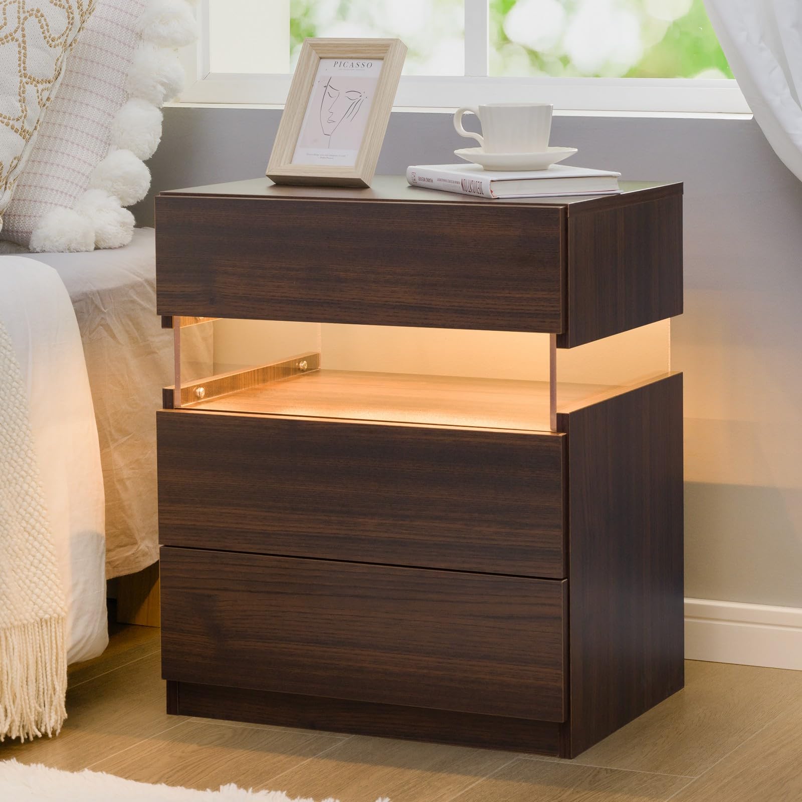 Bingoday LED Nightstand Wood LED Bedside Tables LED Night Stand with 3 Drawers End Side Tables for Bedroom Living Room