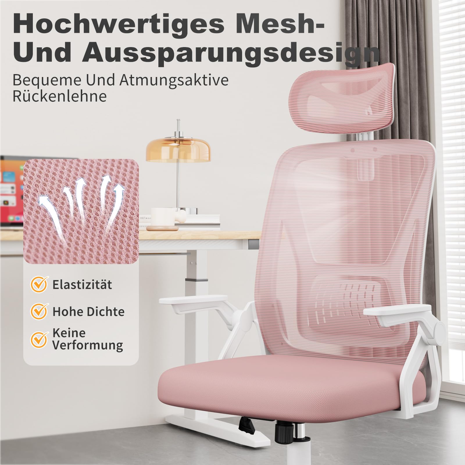 naspaluro Bürostuhl mit Lenden- und Kopfstütze, Drehstuhl mit 90° Klappbaren Armlehnen (Mit Kopfstütze, Rosa)