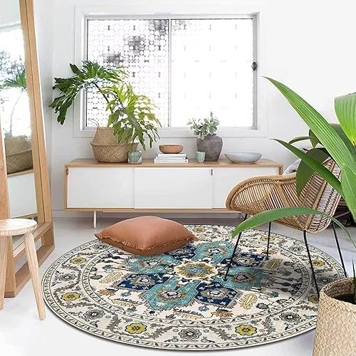 Alfombra redonda bohemia vintage azul de 4 pies para decoración de dormitorio de niñas, tapete circular bohemio envejecido lavable para sala de estar