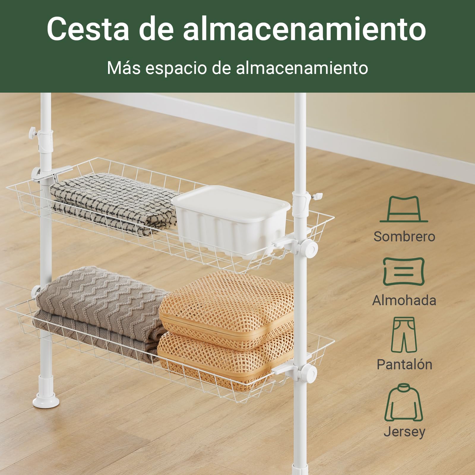 SoBuy Barra Telescópica Perchero Burro Ropa Resistente, Armario Abierto Ajustable con Barras y Estantes para Dormitorio y Vestidor, Blanco KLS04-II-W