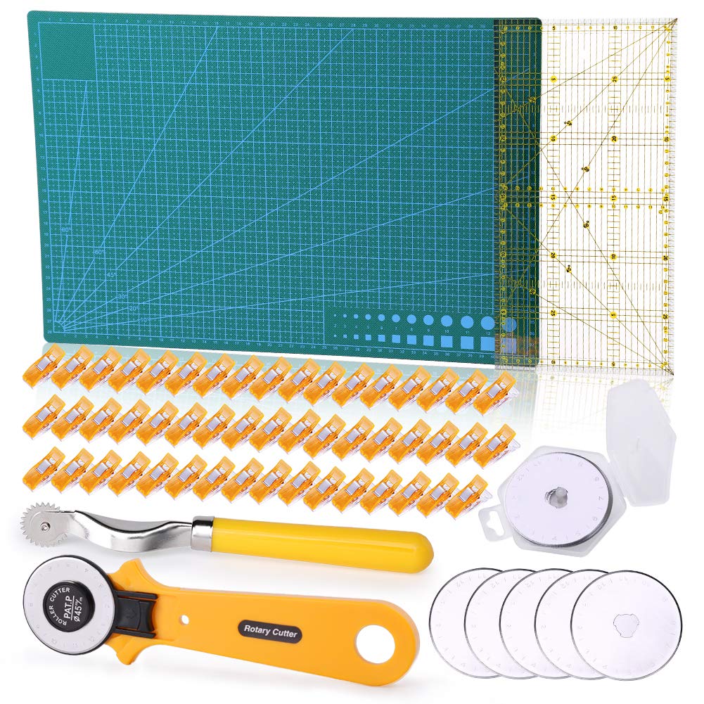 45 mm Rotary Cutter, A3 Cutting Mat,Rotary Cutter Kit Include Fabric Cutter, Tracing Wheel, Acrylic Ruler, 50 Sewing Clips for DIY Crafting, Quilting, Patchworking