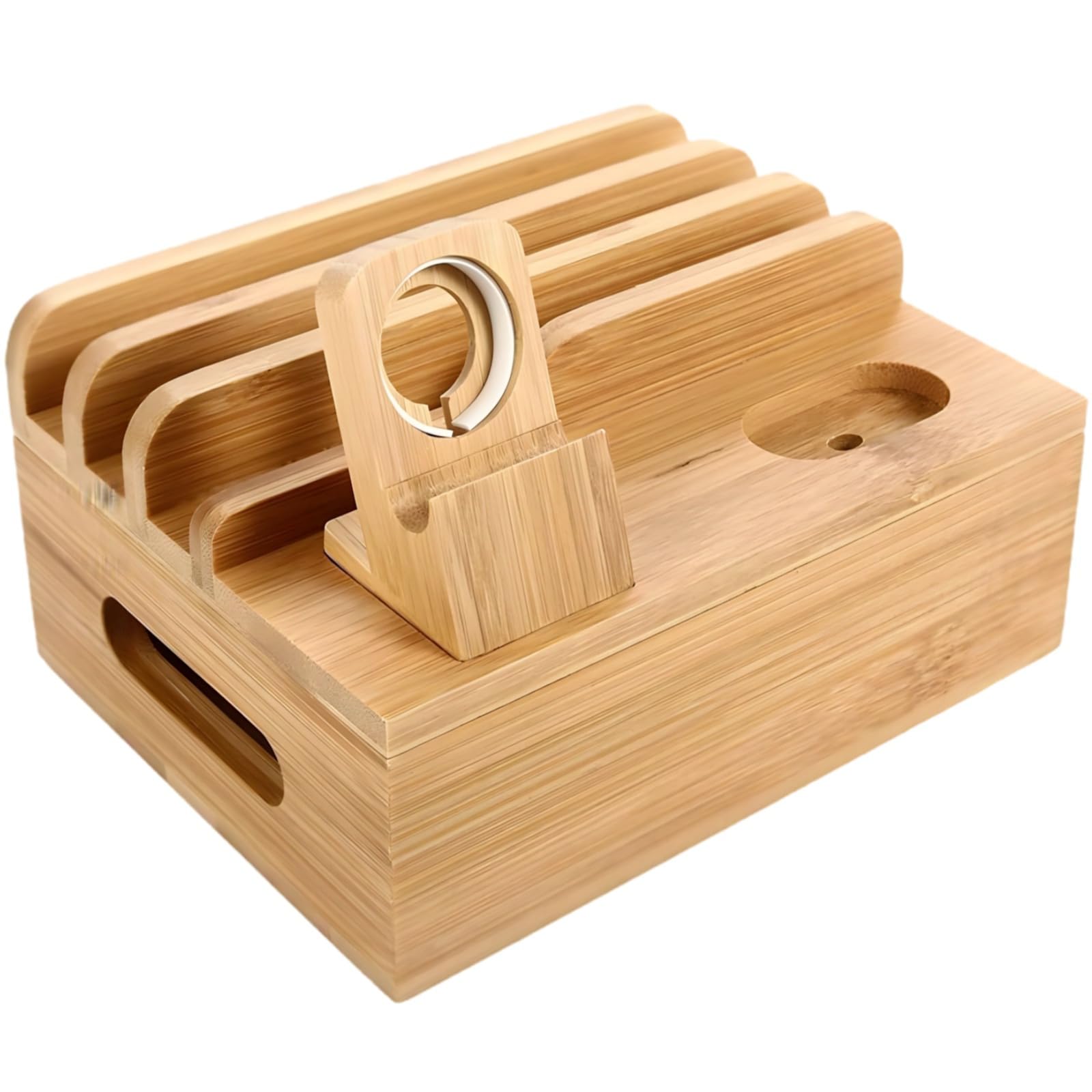 Bosreroy Bamboo Multi-Device Charging Station, 8 Slot Cord Storage Box with Watch Stand, Cable Management for Gadgets