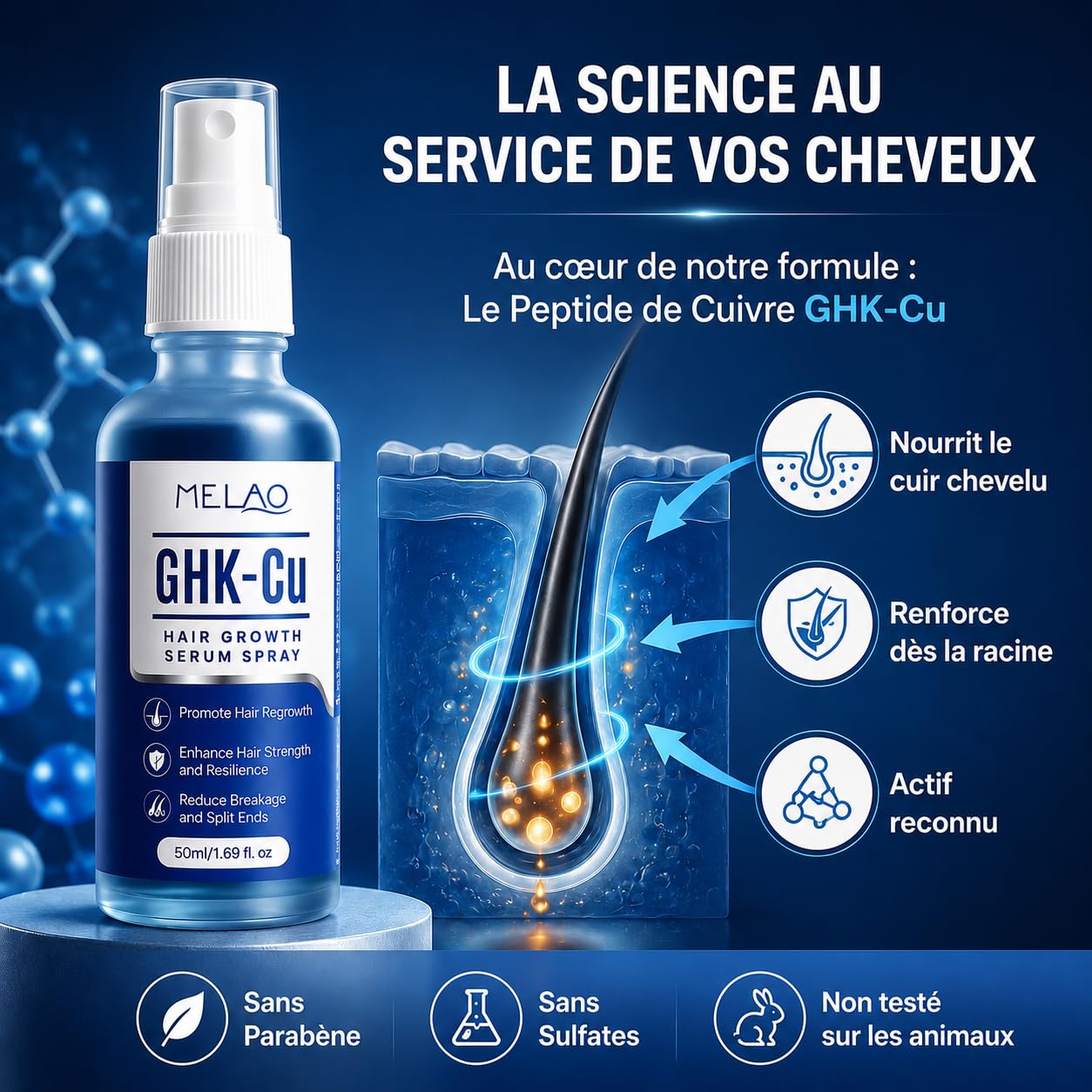 Sérum Capillaire GHK-Cu au Peptide de Cuivre, Spray Cuir Chevelu 50 ml, Soin Fortifiant et Hydratant pour Cheveux Fins, Secs ou Clairsemés