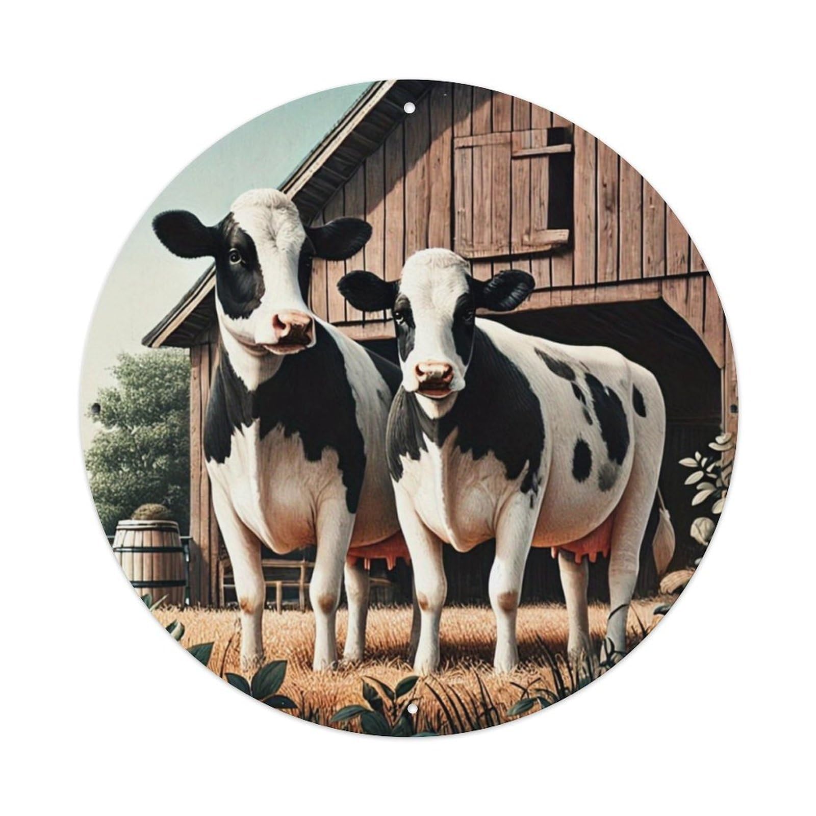 Jdyaojiesheng Vintage Cow Barn Farm Animal Pattern Round Tin Sign Retro Metal Wall Decor Metal Poster, Home Bar Garage Farmhouse Cafe Wall Art Decoration 8X8inch