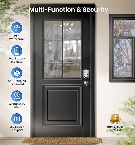 Miniatura 5 de Veise Cerradura de puerta de huellas dactilares con 2 perillas, cerradura de puerta de entrada sin llave con asa, cerrojo de teclado electrónico,