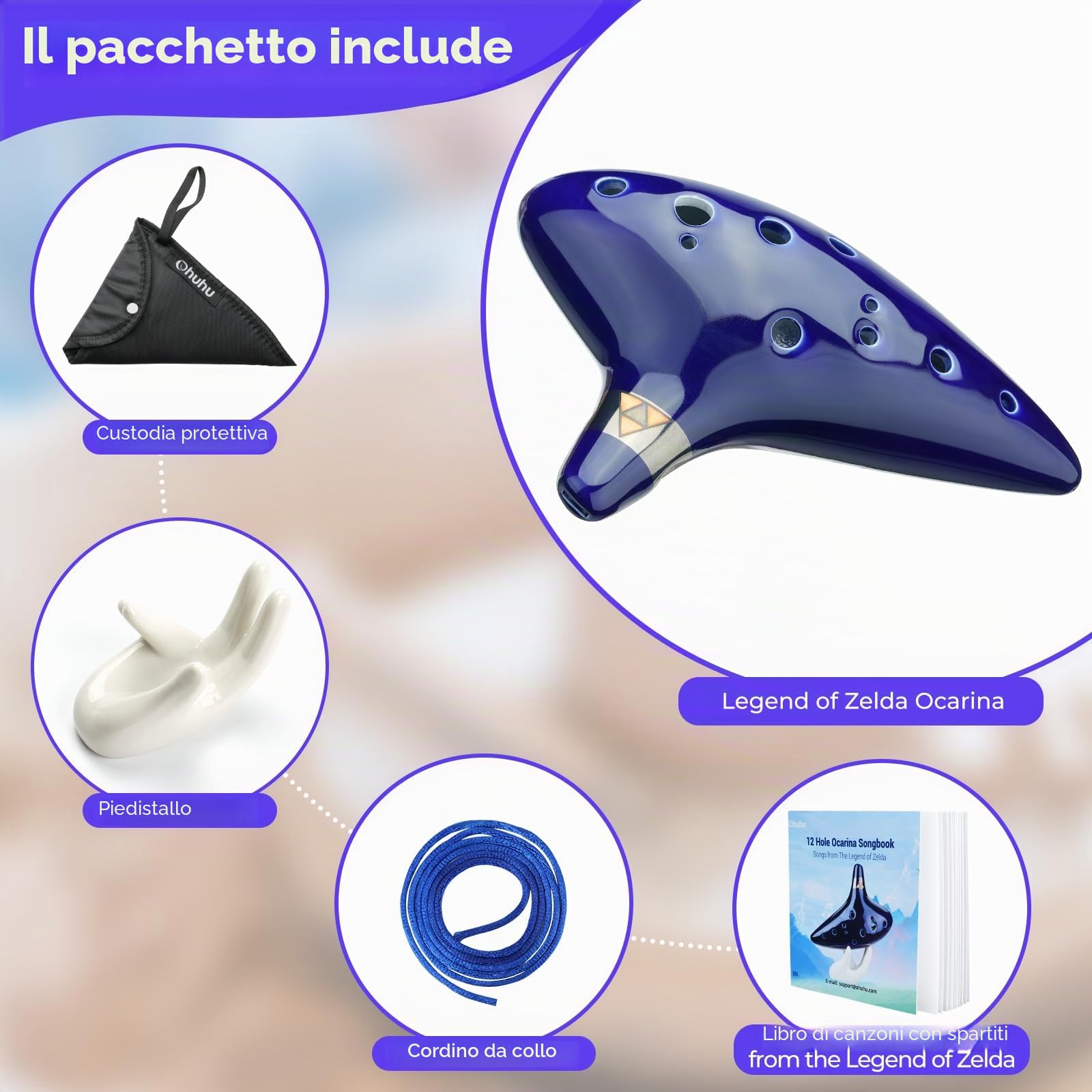 Ohuhu Zelda Ocarina Strumento con cordino da collo e libro canzoni, 12 Foro Ocarina di Ceramica Alto C leggenda di Zelda Ocarina Flute Strumento, espositore a mano e custodia protettiva nera Blu