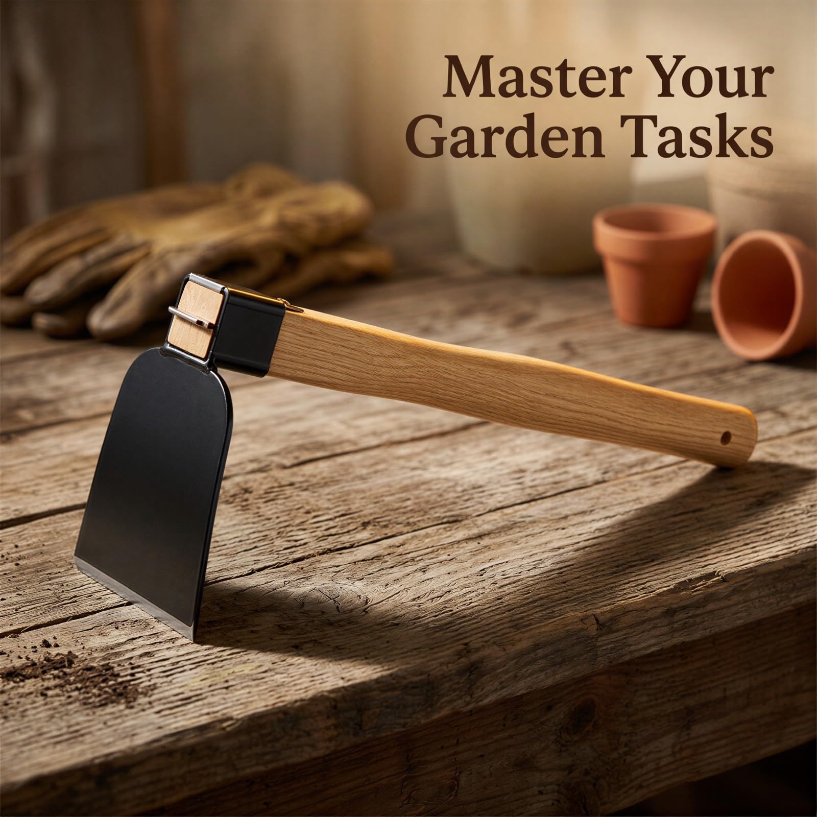 Azada de jardinería, herramienta de jardín resistente de 15.2 in / 38,5 cm con cabeza ancha de acero de alto carbono, mango de madera de roble macizo, azada para excavar, plantar, desmalezar