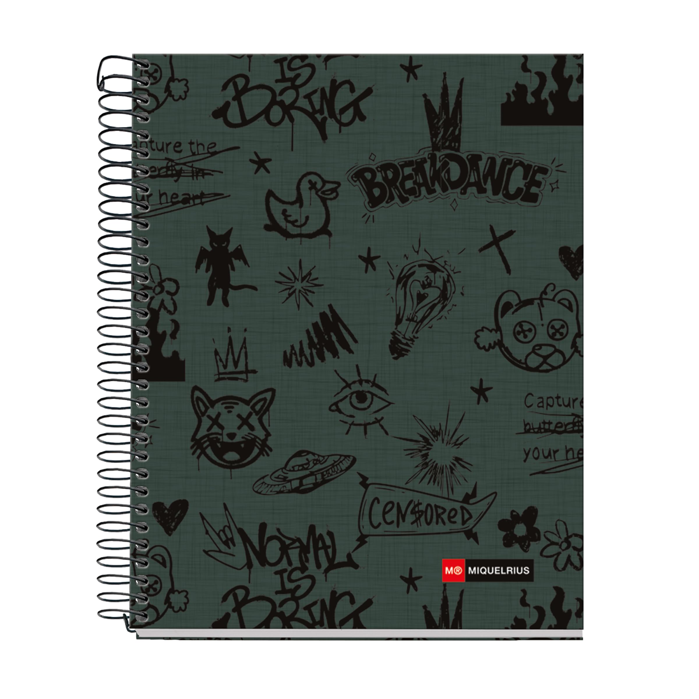 Miquelrius - Cahier A5 petits carreaux 5 mm, 120 feuilles microperforées 4 couleurs multi-matières, papier opaque 70 g/m², carton extra rigide, spirale, 2 perforations pour classeur, Not Boring