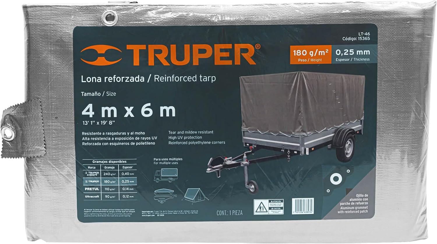 TRUPER LT-46 Reinforced Gray Tarps, 7.5 oz/yd2 13.1x19.7Ft (4x6m)