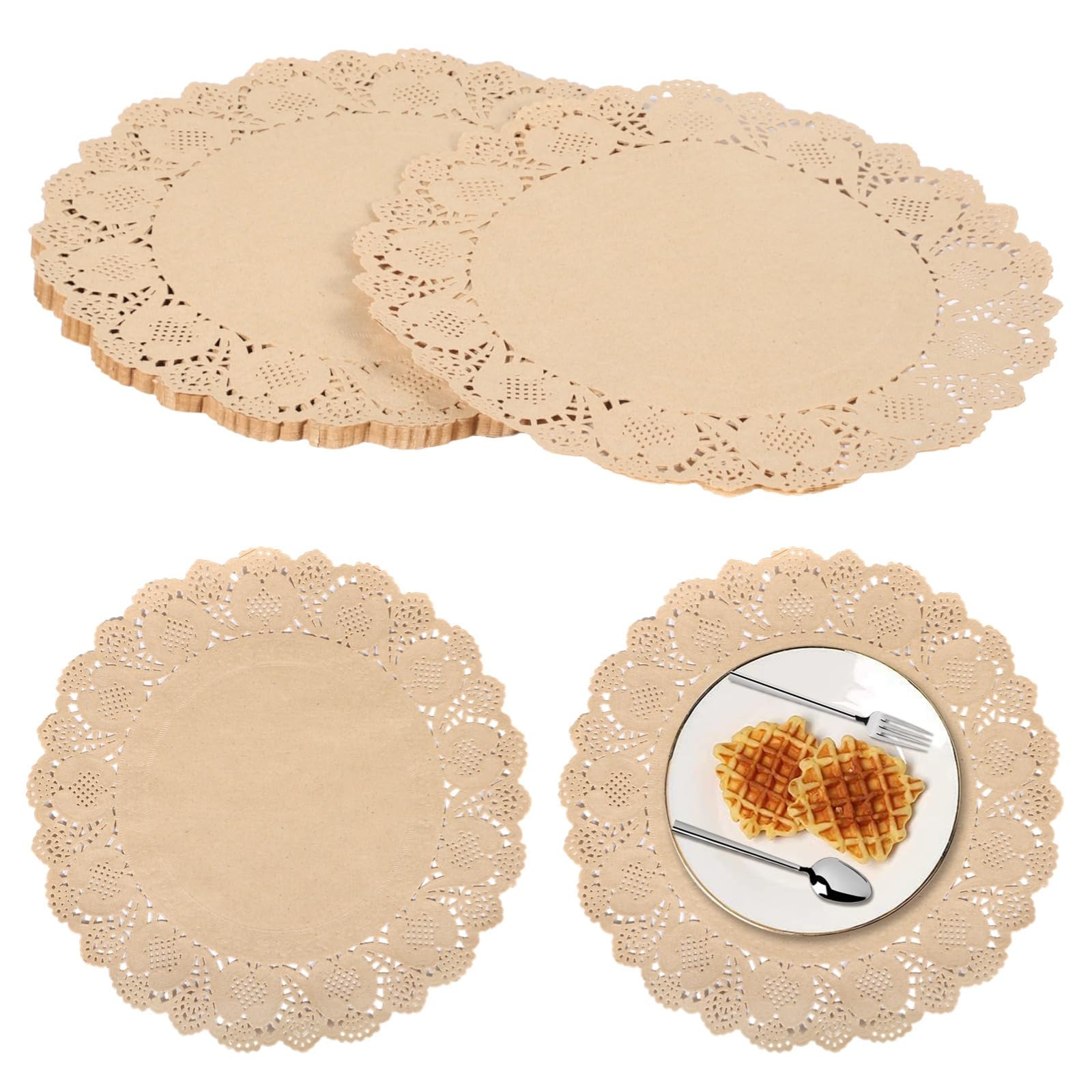 Lot de 100 napperons jetables en papier kraft, 34 cm ronds en dentelle pour nourriture, gâteaux et travaux manuels
