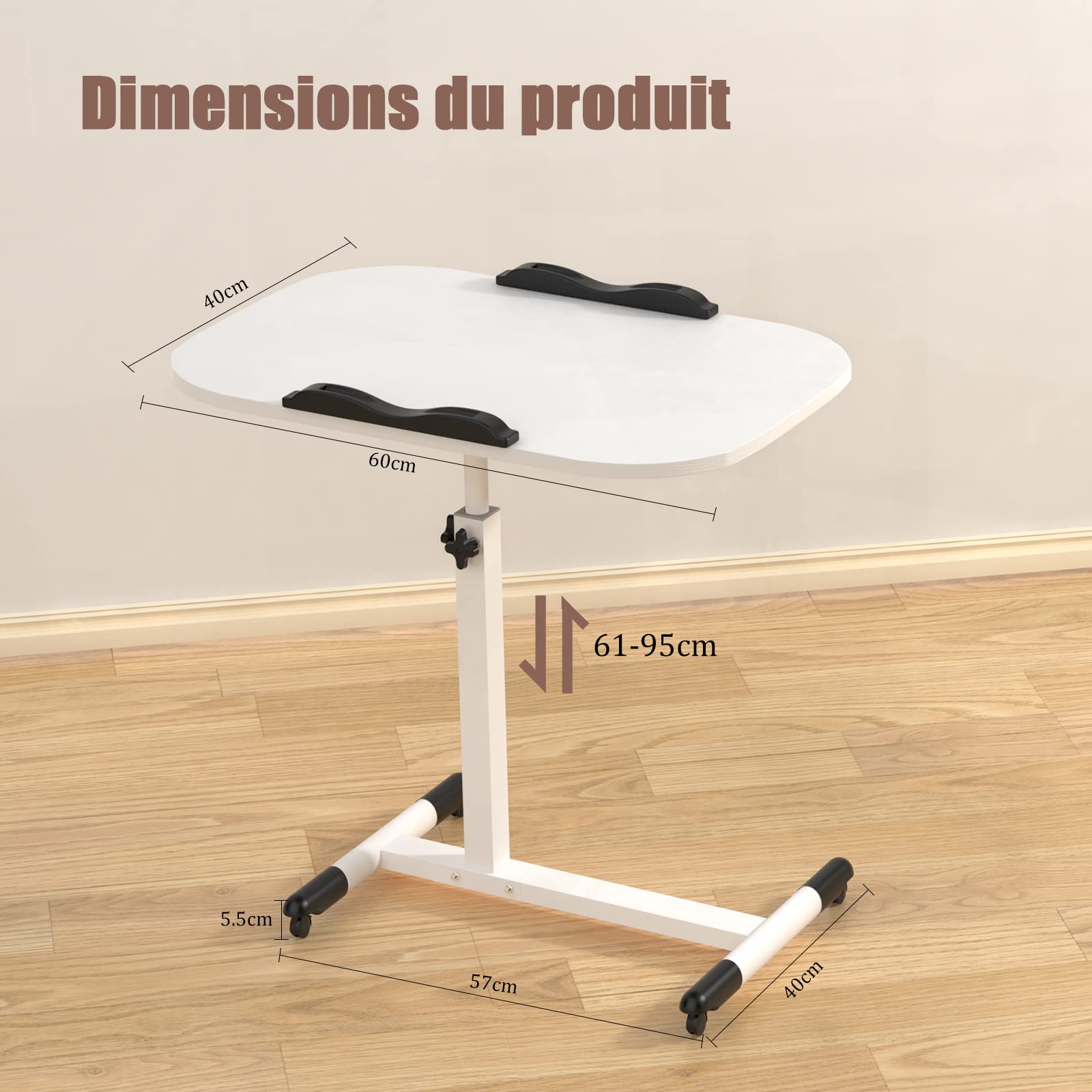 Table de Lit Roulette, 60 x 40 cm, Table d'appoint légère, Table Roulette Hauteur Réglable 61-95CM, 360° Bureau D'ordinateur Levage Rotatif pour Bureau, Salon, Maison