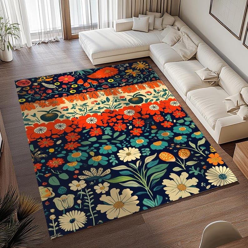 Tapis fleuri lavable 170x200cm antidérapant en faux cachemire pour salon