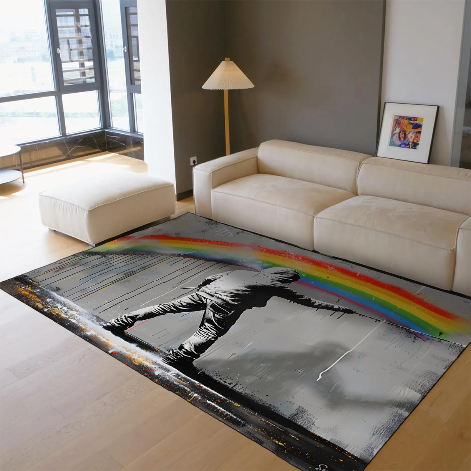 Kinderteppich Kinderzimmer Bereich Teppich Straße Graffiti Fußmatten Regenbogenmuster Teppich für Jungen Mädchen Wohnzimmer Schlafzimmer Klassenzimmer Teppich 50 x 80 cm