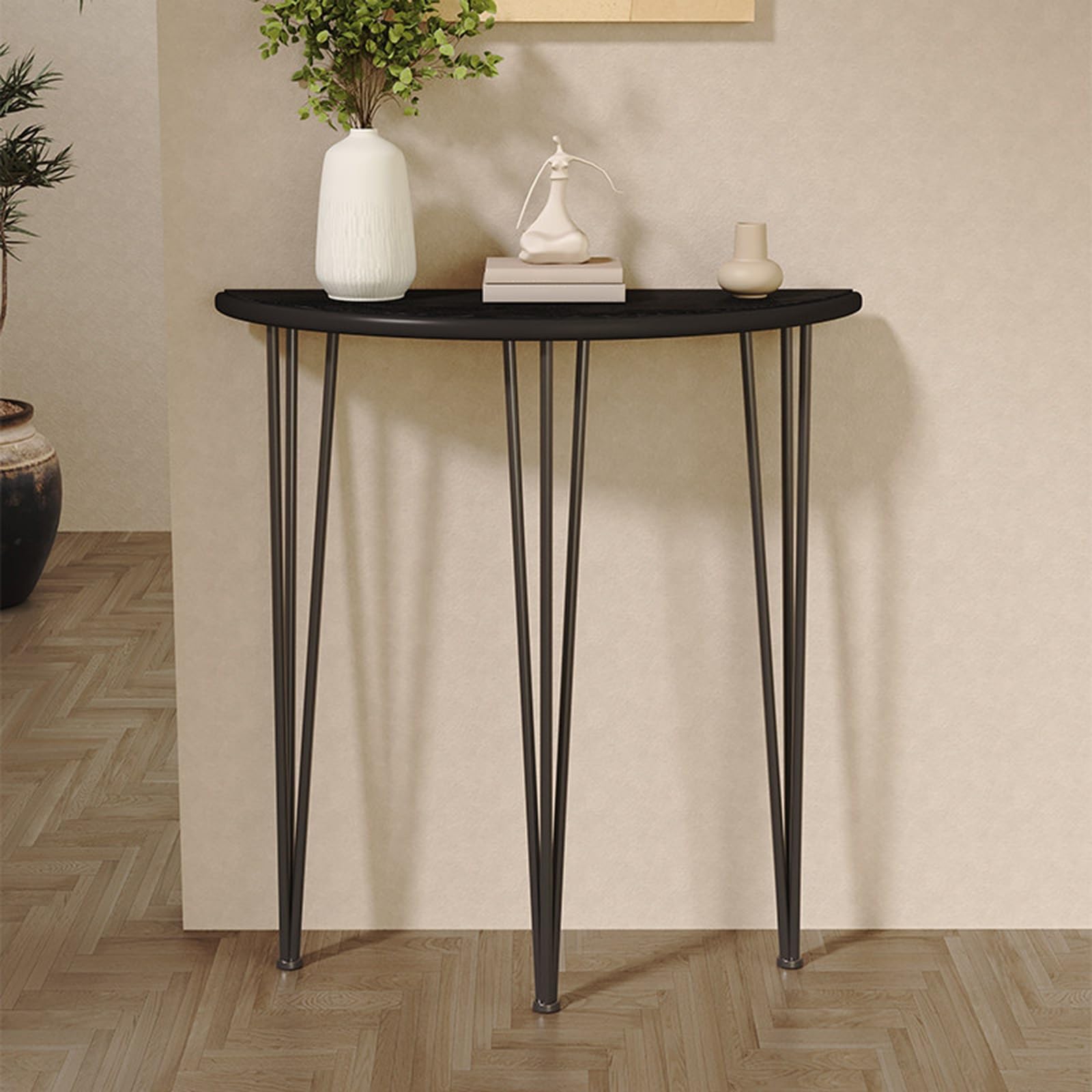 Mesa consola para ahorrar espacio en pasillos estrechos con madera y metal