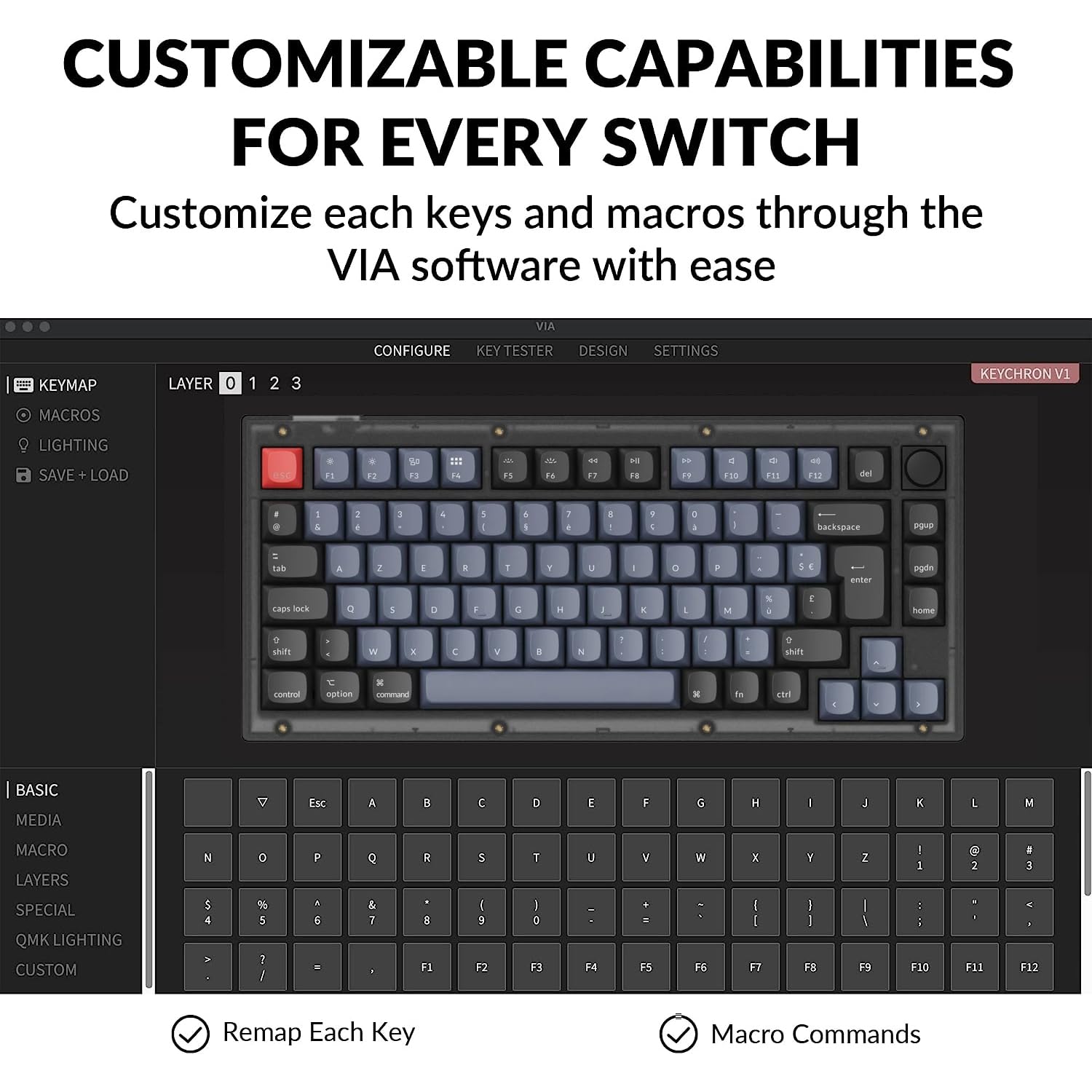 Keychron V1 ISO-FR-Layout Clavier mécanique Filaire Custom Knob Version, 75% Layout QMK/Via Programmable, K Pro Red Switch remplaçable à Chaud, pour Mac Windows Linux (Frosted Black)