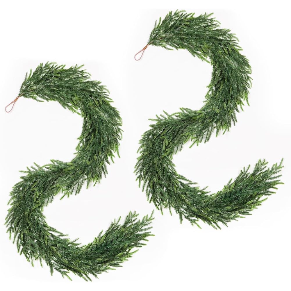 CTRLZS 12FT(2 x 6FT) Christmas Norfolk Pine Garland Real Touch Faux Green Garlands for Mantle, Stairs, Table, Fireplace