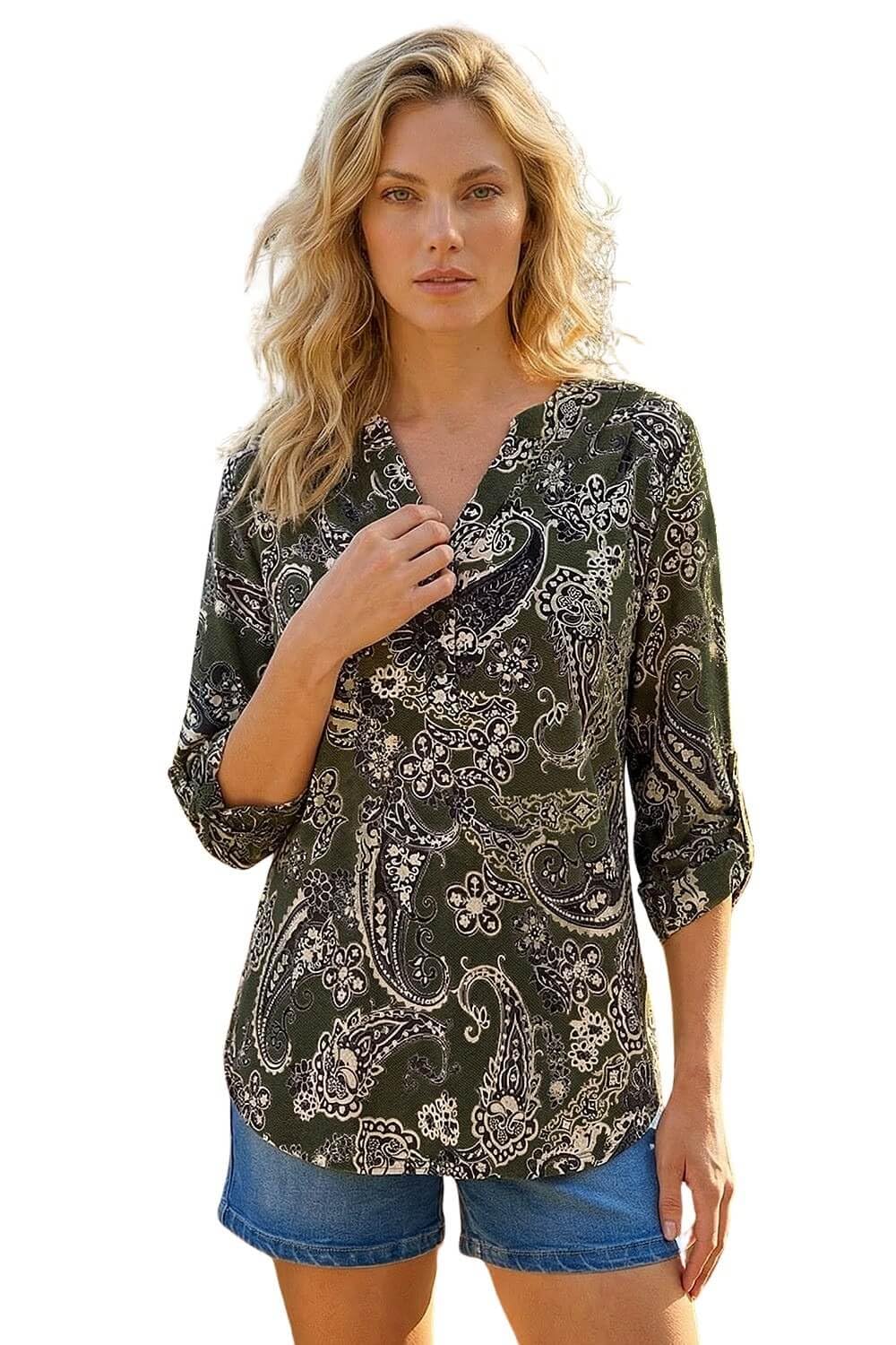 Roman Shirt for Women UK Ladies Top Collarless Blouse Stretchy Tunic Smart Casual Autumn Winter Jersey 3/4 Length Sleeve Notch V Neck Flattering Office Work