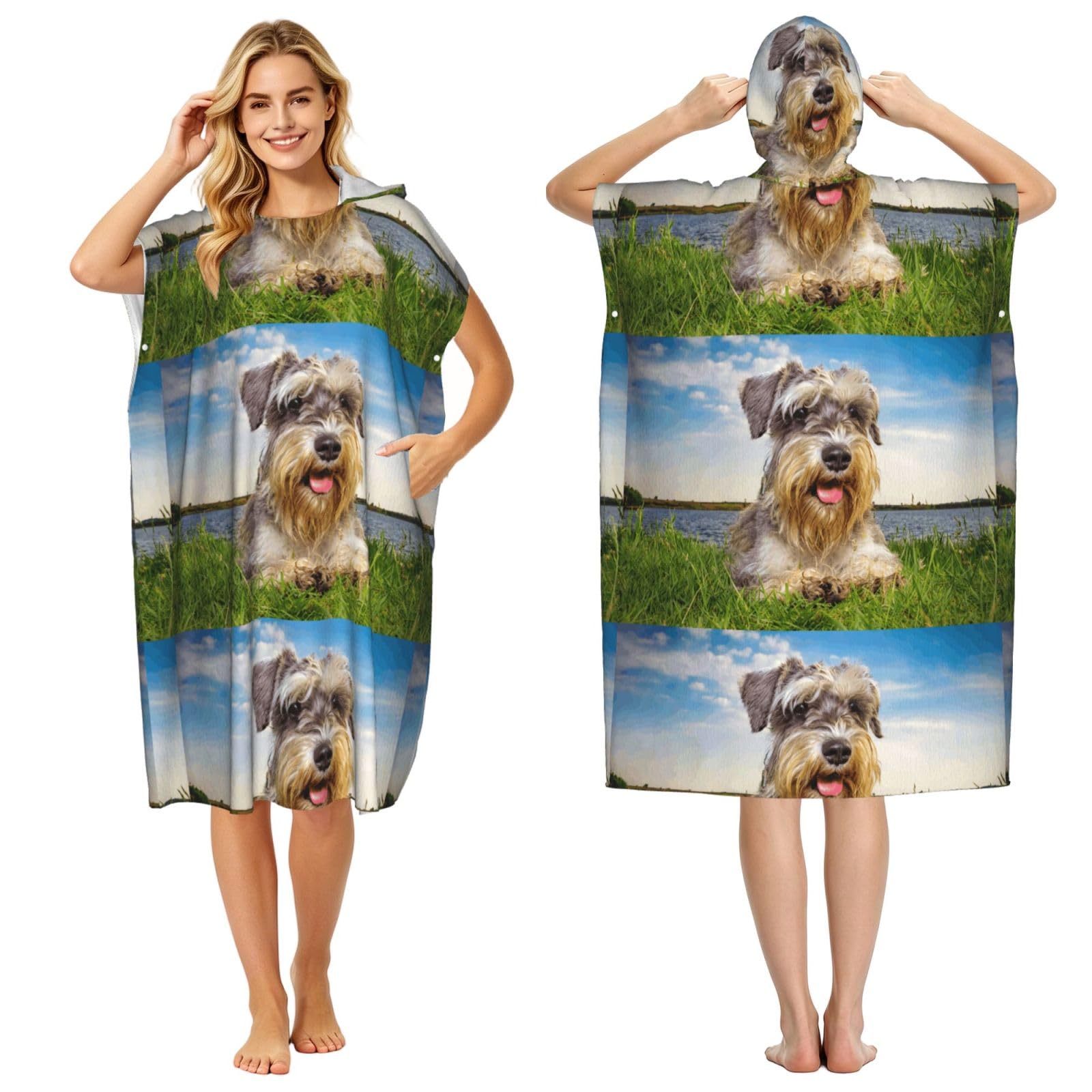 Poadnly Schnauzer Lawn Pets Gray Dogs Chnauzer, Adult Hooded Beach Towel 90 x 110 cm,Changing Bath Robe, Surf Poncho Towel For Women Men