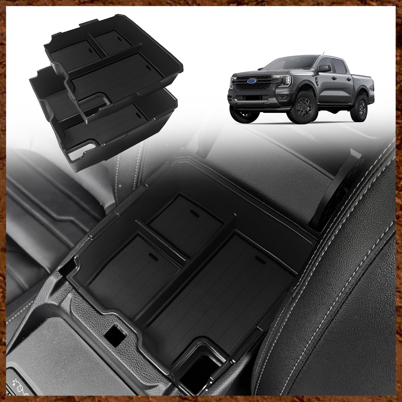 Muslogy Center Console Organizer Compatible with Ford Ranger 2024 2025 & Raptor Accessories Two-Layer Storage Box Insert Tray Secondary Storage Divider Armrest Box ABS Material Glove Box (Black)