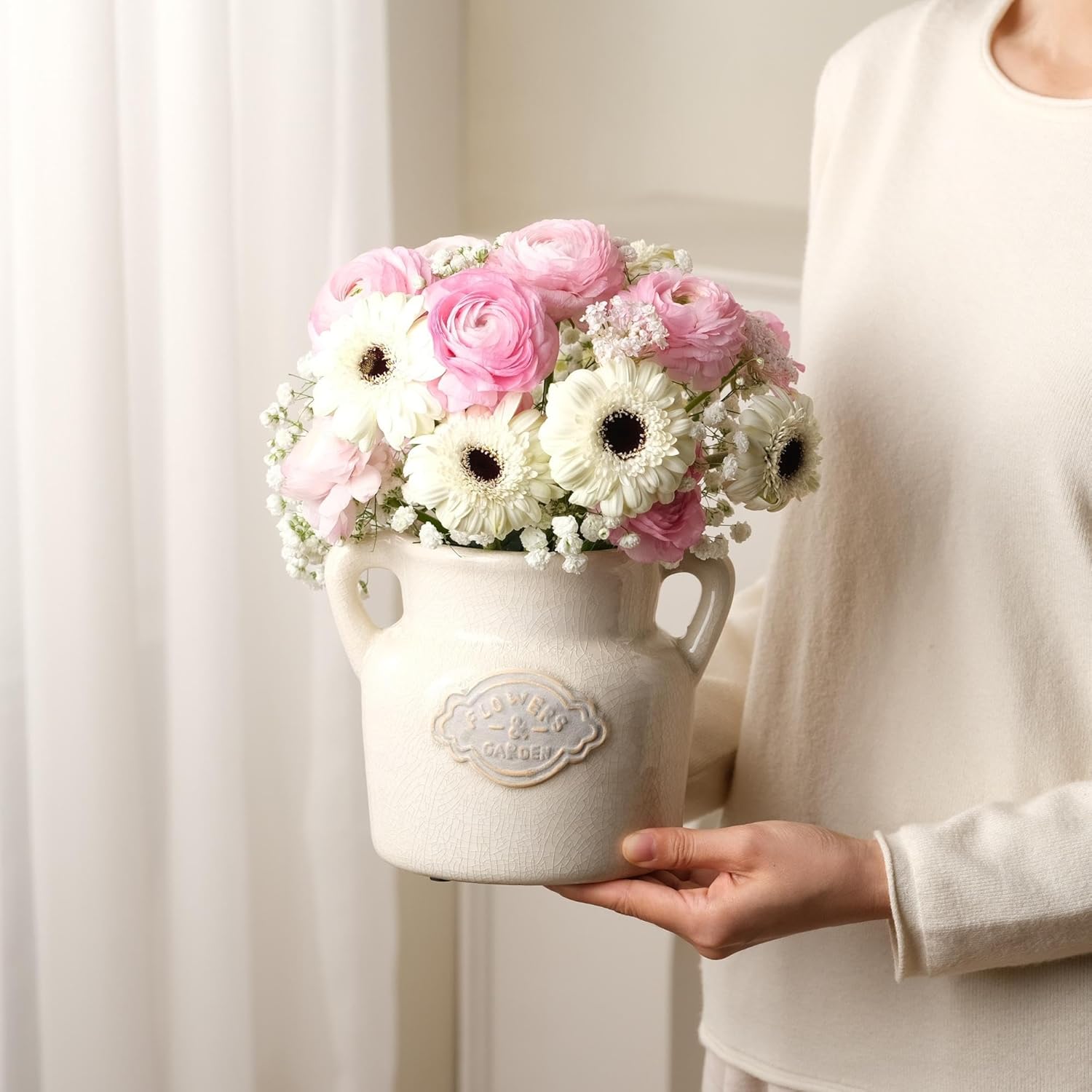 Rustic White Ceramic Vase, 5.8 Inch Vintage Flower Vases with Handle, Farmhouse Distressed Decorative Vases for Home Decor, Wide Mouth Vase for Living Room Bedroom Table Shelf Decorations - Image 5