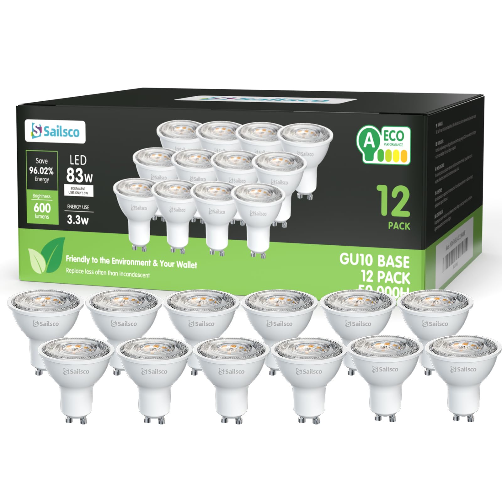 sailsco Classe A Lampadine GU10 LED Spot,3.3W (Equivalenti a 83W),600 Lumen,4000K Bianco Neutro,Risparmio Energetico LED GU10,Lunga Durata,Basso Consumo,36° Angolo del Fascio,Non Dimmerabile,12 Pezzi