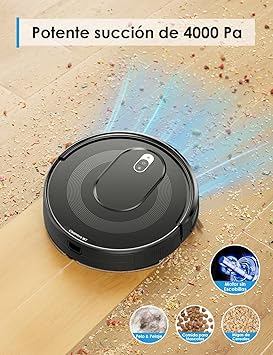 Robot Aspirador, Potente Succión 3600pa, 2 En 1 Robot Aspirador y Fregasuelos,Detección Inteligente, Duración De La Batería Ultralarga, Elimina Fácilmente Suciedad, Polvo y Pelos de Mascotas,Negro1