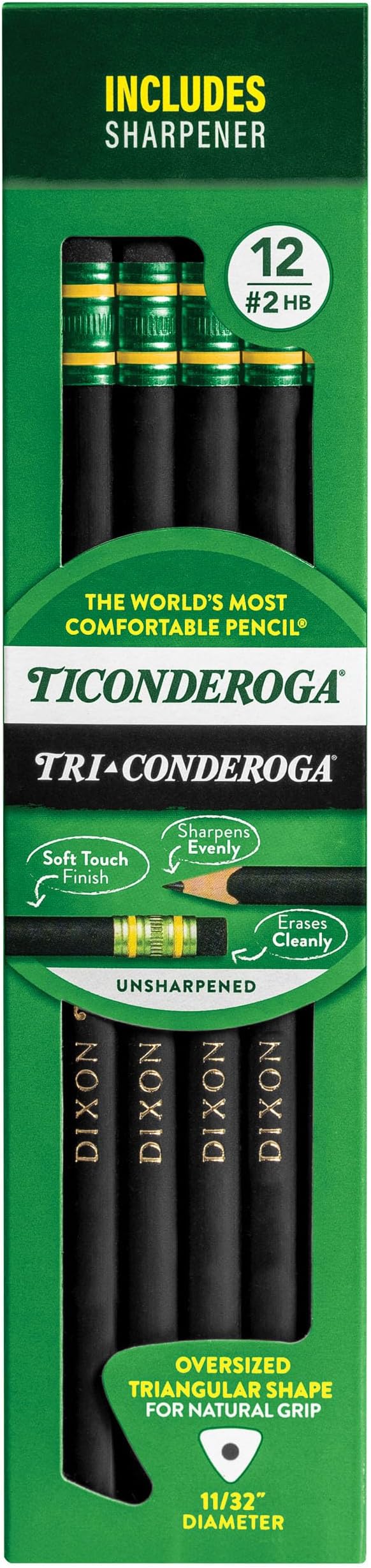 Ticonderoga Tri-Conderoga Triangular Pencils, Wood-Cased #2, Sharpener, Soft Touch Comfort Barrel, Black, 12-Pack (22500)