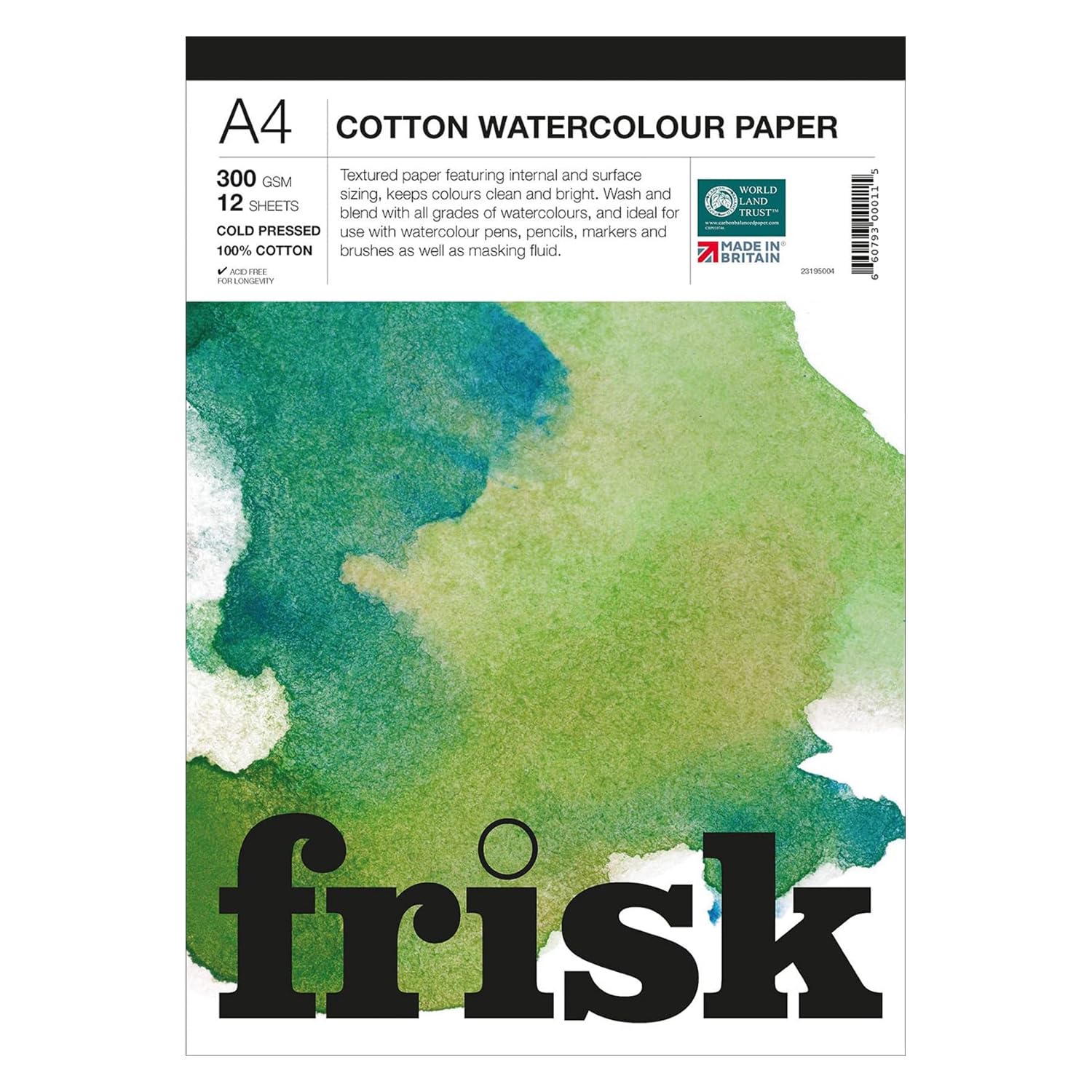 Frisk White Watercolour Paper Pad 300Gsm 100% Cotton Cold Pressed/Not 12Sheets A4, (23195004)