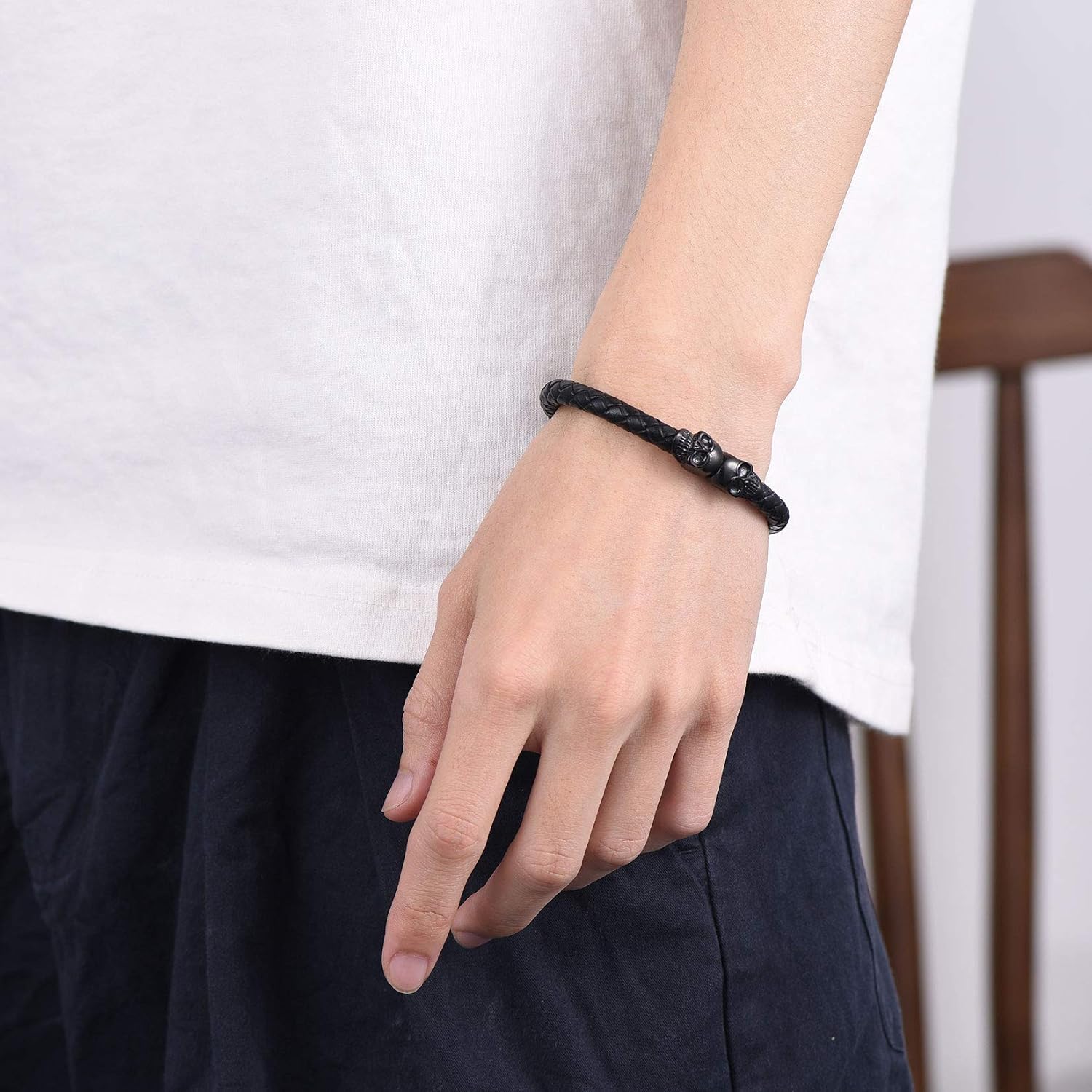 U7 Mens Leather Bracelet with Stainless Steel Clasp, Leather Cuff Bracelet in Skull or Wrap Style Black Bracelets for Husband