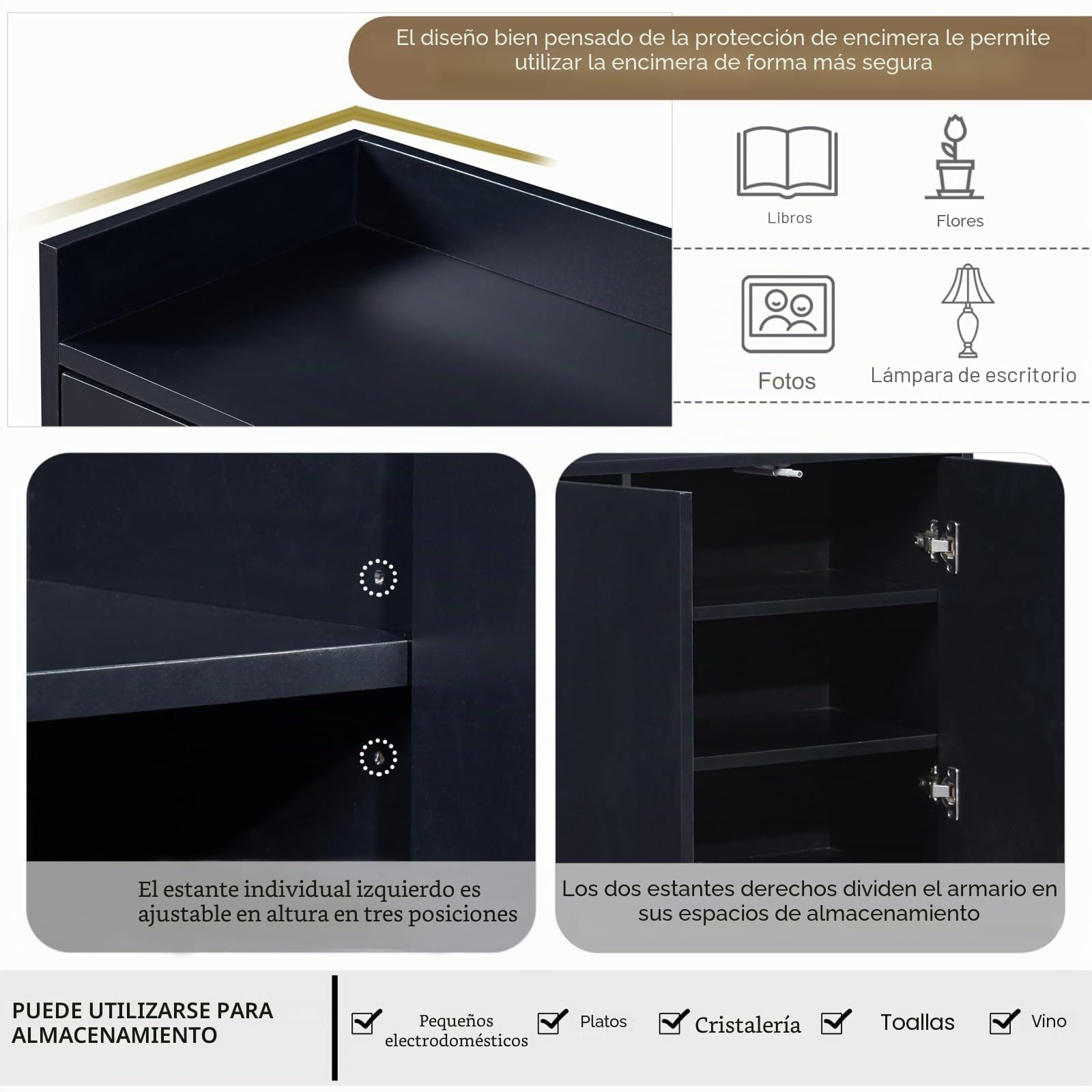 FEEOHOME - Aparador bajo, mueble de almacenamiento con patas de metal, mueble de cocina con 4 puertas y estantes ajustables, armario de cocina, 120 x 30 x 80 cm, para comedor, salón (Negro)