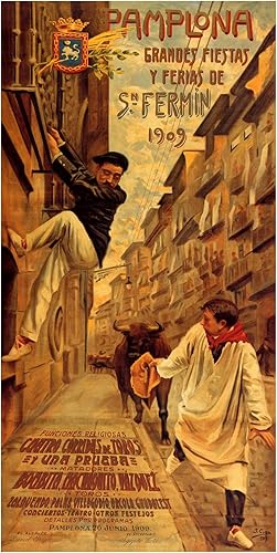 Pamplona Grandes Fiestas 1909 Festival de San Fermín Correr de los Toros Viaje Turismo España 15" X 30" Tamaño de la Imagen Póster Vintage Repro