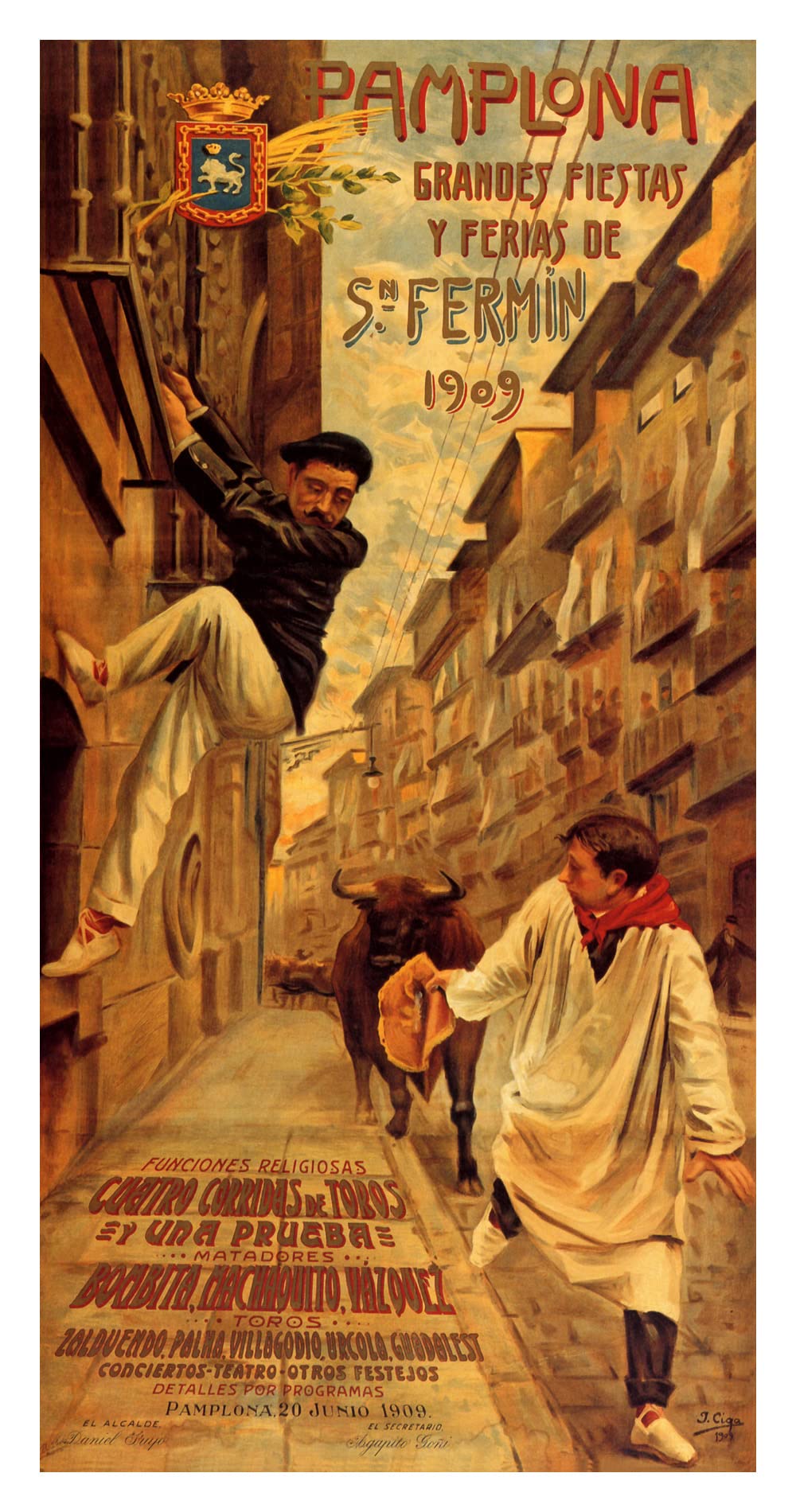 Pamplona Grandes Fiestas 1909 Festival of San Fermín Running of the Bulls Spain Tourism Travel 12" X 24" Image Size Vintage Poster Repro on Matte Paper