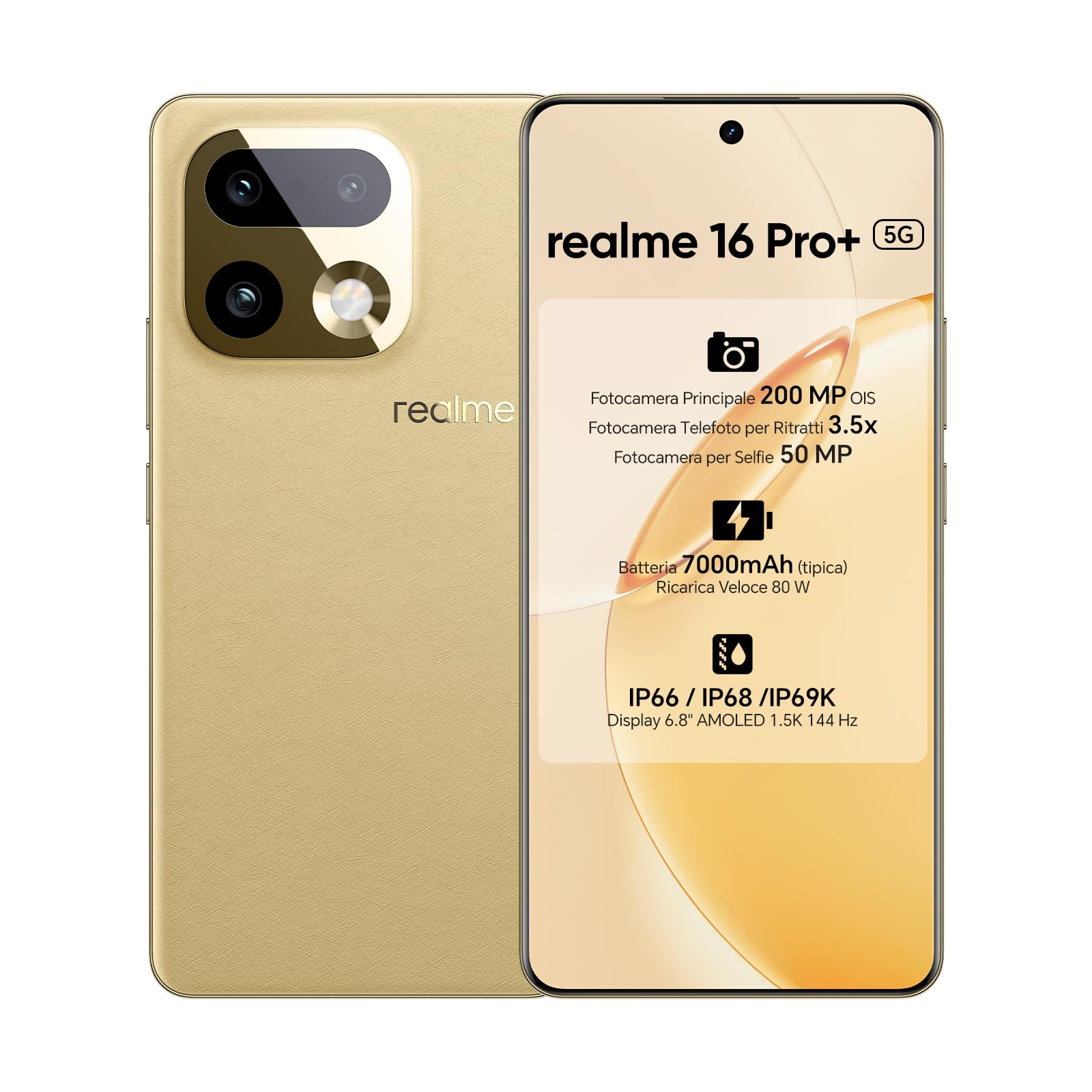 realme 16 Pro+ Smartphone 5G,12+512GB,Display AMOLED 6,8" 1,5K 144 Hz,12+512GB, Fotocamera 200MP OIS & Obiettivo Teleobiettivo 3,5x,Batteria 7000mAh, IP68/IP69K (Master Gold, 512, GB, 12, GB)