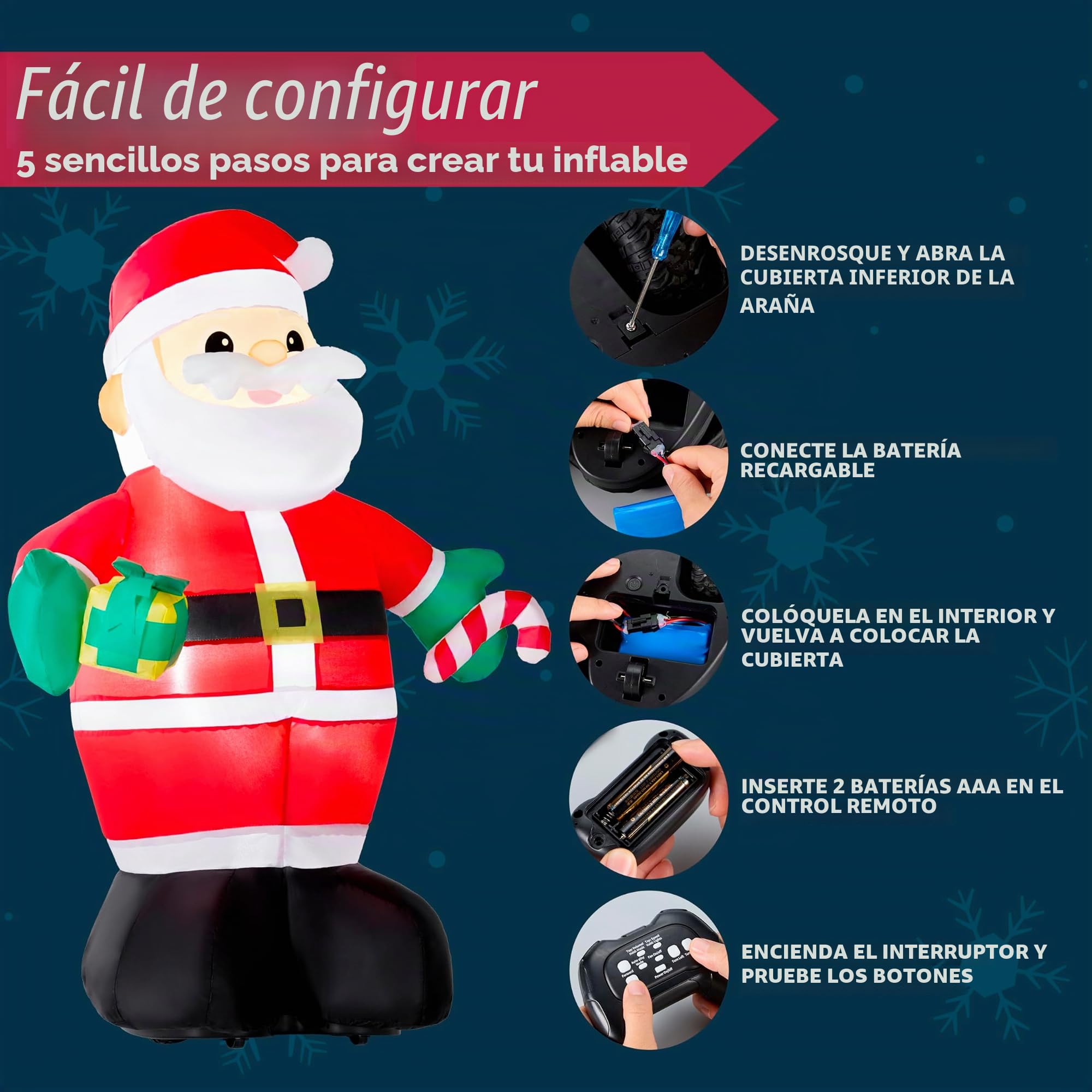 JOYIN Papá Noel inflable de Navidad de 3 pies de alto, Papá Noel inflable con control remoto con rotación de 360°, hacia adelante y hacia atrás, recargable para caminar con LED integrado y música para