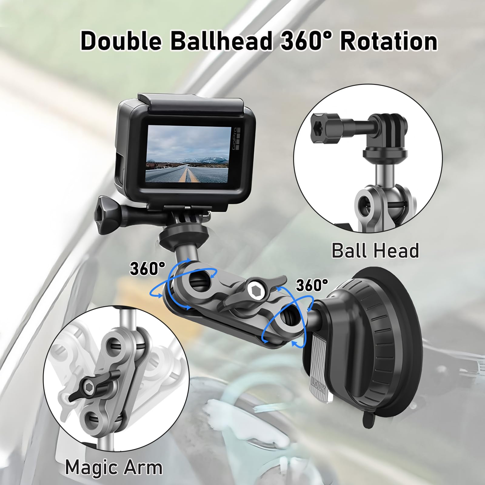 Wiseten Suction Cup Mount - Soporte de Ventosa para dji Osmo Pocket 4 3 Action 5 Pro 4 con Ventosa para Insta360 X5 X4 GoPro Hero 13 12, Montaje en Parabrisas o Ventana del Coche