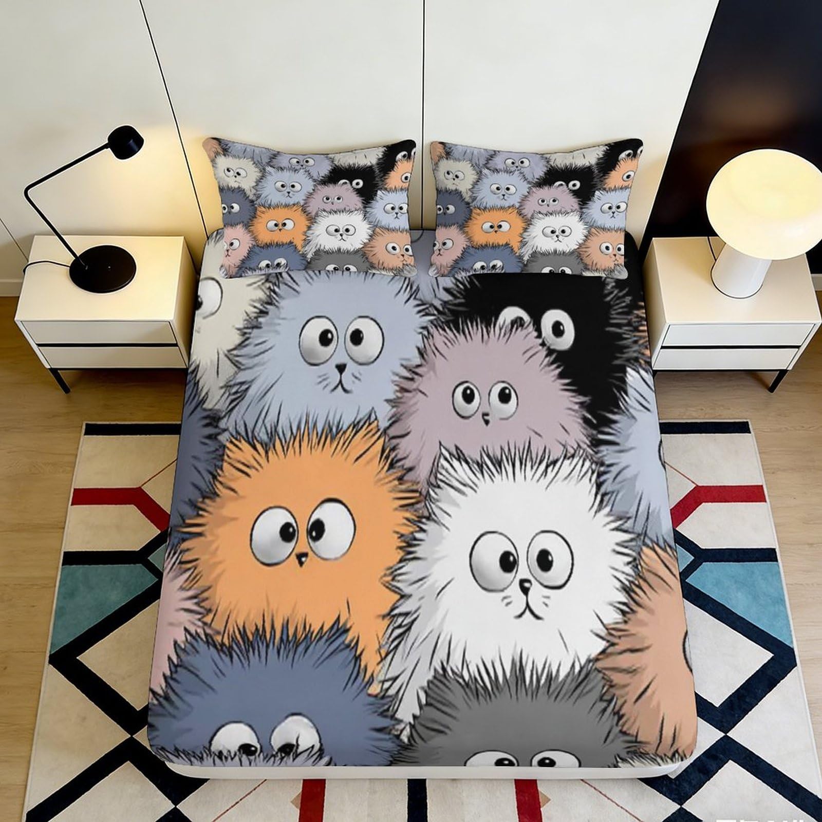 3D Printed Fluffy Cat Fitted Sheet Microfiber Soft Breathable Cartoon Animal Bed Cover for Bedroom Dorm Decor 90x200x25cm