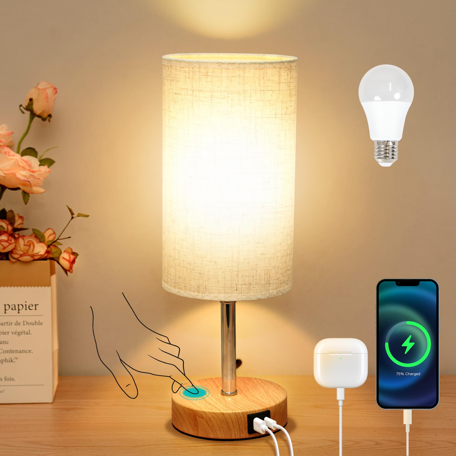 Görvitor Nachttischlampe Touch - Dimmbar Mit USB Ladestation Für Schlafzimmer