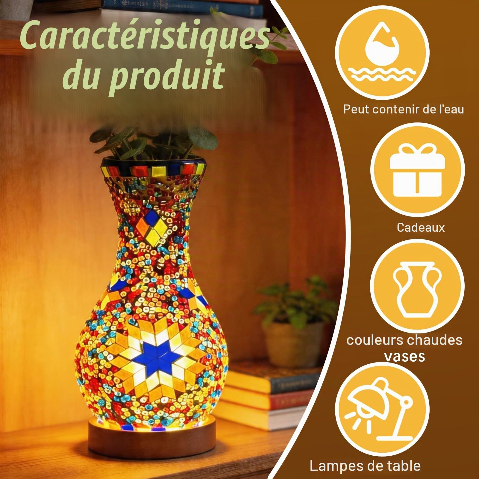 BRGD Rétro Lampe de Vase en Mosaïque, Turque Lampe de Table Marocaine avec USB Base en Bois Vase en Verre Coloré Fait à Main pour Chambre à Coucher, Salon, Ferme