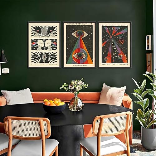 Miniatura 3 de 3 piezas de arte de pared retro hippie de los años 70, póster psicodélico de los años 70, decoración de pared, meditación, citas inspiradoras,