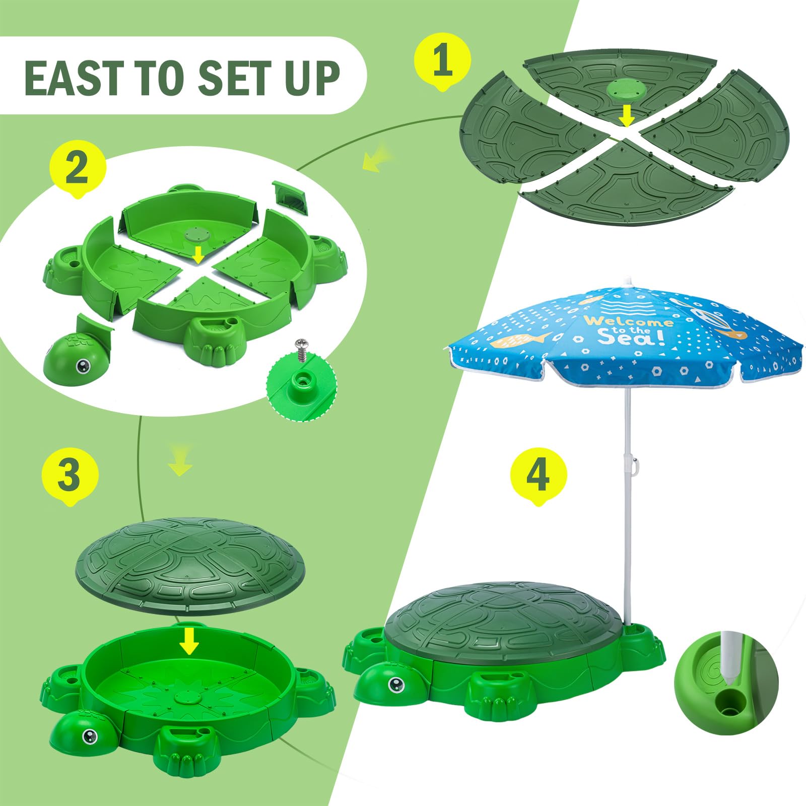 VROGTIK Schildkrötensandkasten mit Sonnenschirm & Deckel, Kinder Sandkasten, Strandspielset mit Meerestiere-Zubehör, Wetterbeständig Sandspielzeug für Garten & Strand, Ab 3 Jahren