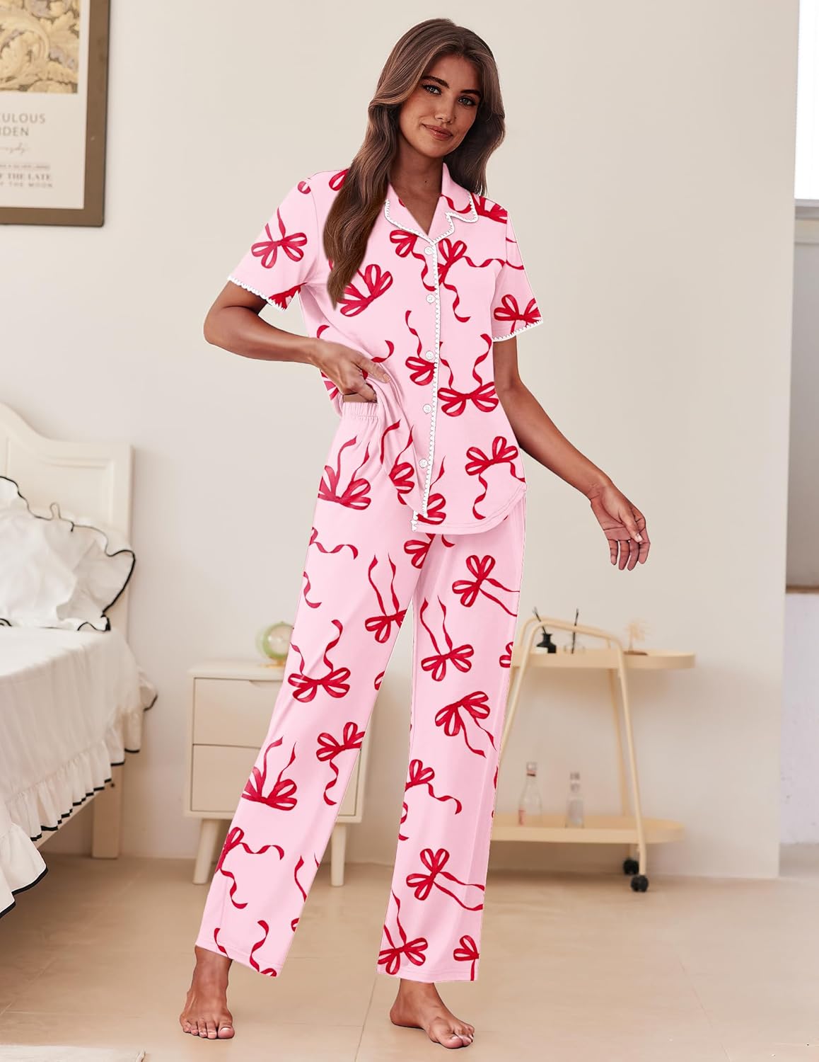 Ekouaer Women's Pajama Sets Button Down Loungewear Short Sleeve Sleepwear 2 Piece Pants Pjs Set with Pockets S-XXL - Image 2
