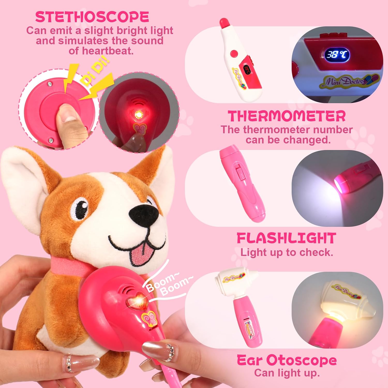 Doctor Kit for Toddlers 3-5 Dress Up for 2+ Year Olds Girls Pretend Veterinarian Toddler Doctor Play Set with Stethoscope Pink Costume Dog Toy Birthday Gifts for 2 3 4 5 6 Year Old Girls